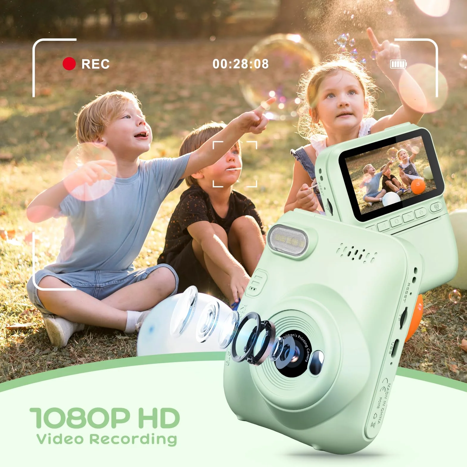 GREENKINDER Appareil Photo Instantané Enfant 3.0" Grand Écran 14 MP avec Carte 32 Go & Papier d'impression