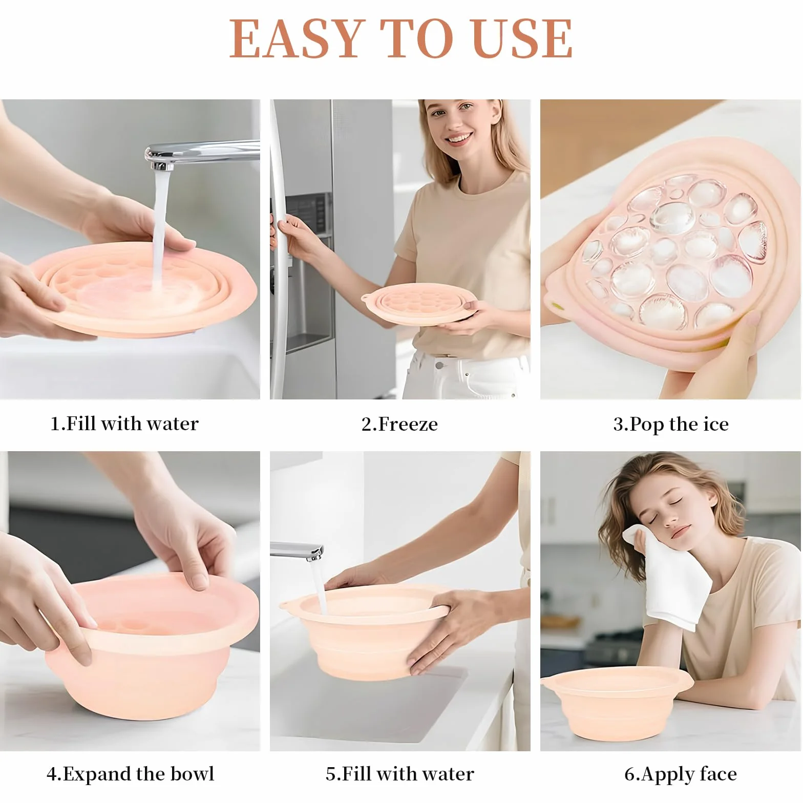 Bol en Silicone pour Visage avec Bac à Glaçons Intégré, Pliable, Portable, Rose