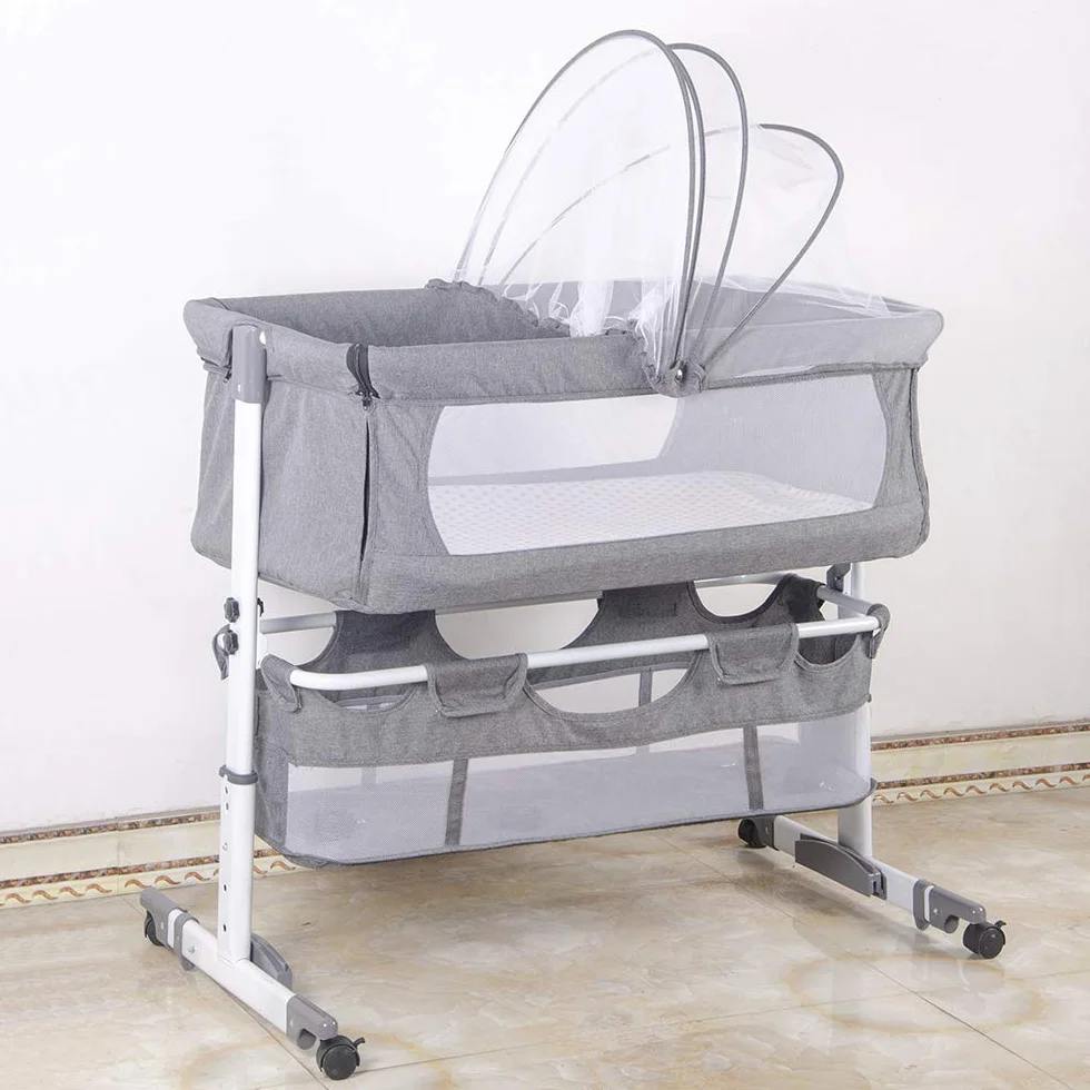 Lit Cododo Bébé 2 en 1 Berceau avec Matelas et Moustiquaire 50KG Réglable en Hauteur 92x58x70-87cm Gris