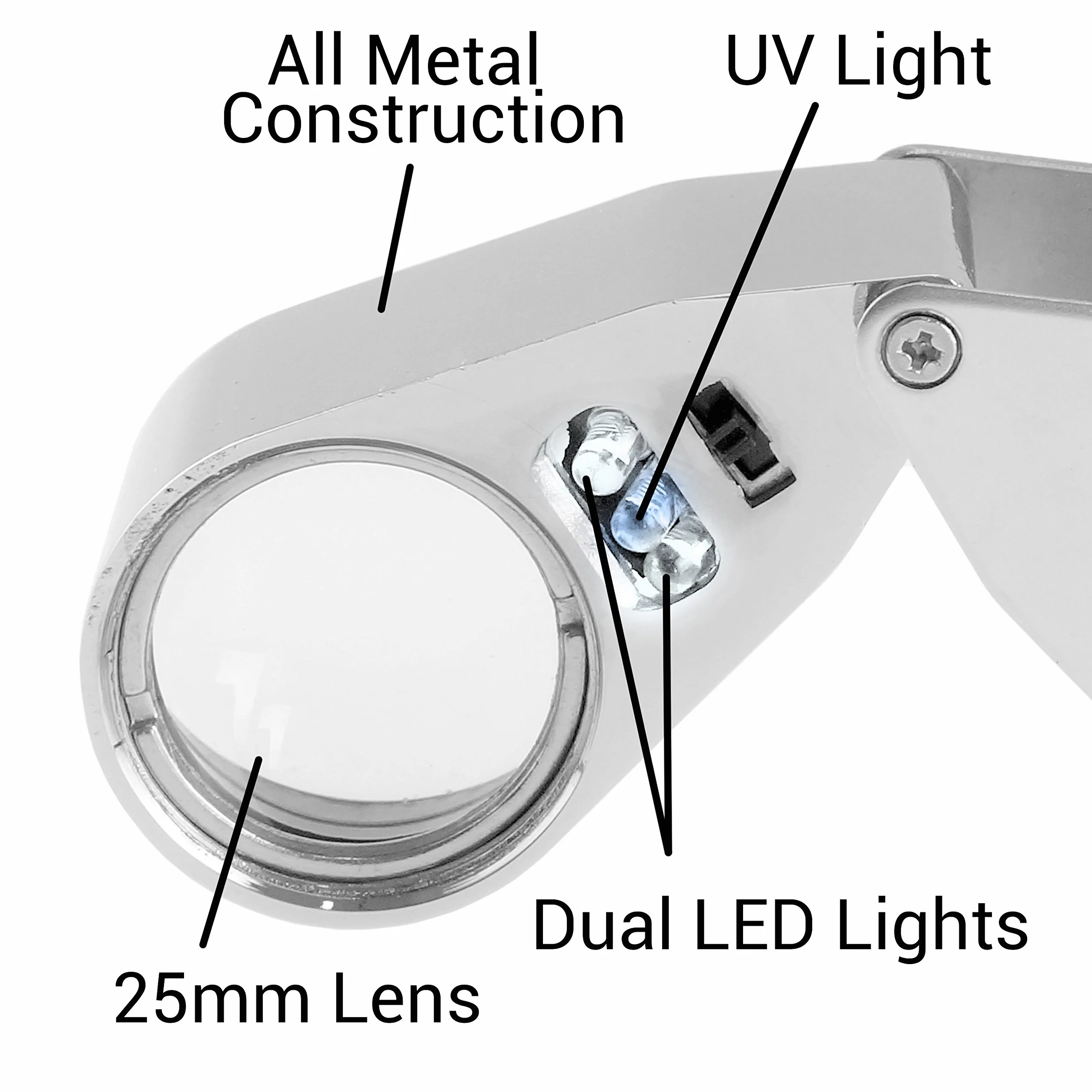 Kare & Kind 40X Illuminated Jeweler Loupe UV LED avec Construction Métallique et Verre Optique 25 mm Argent