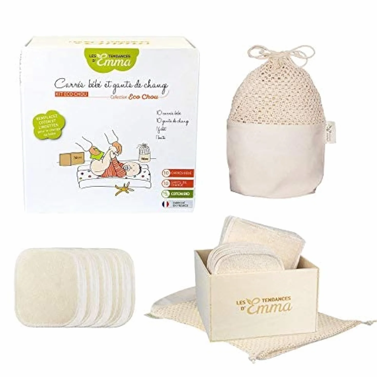 Kit Eco chou lingettes bébé lavables coton bio