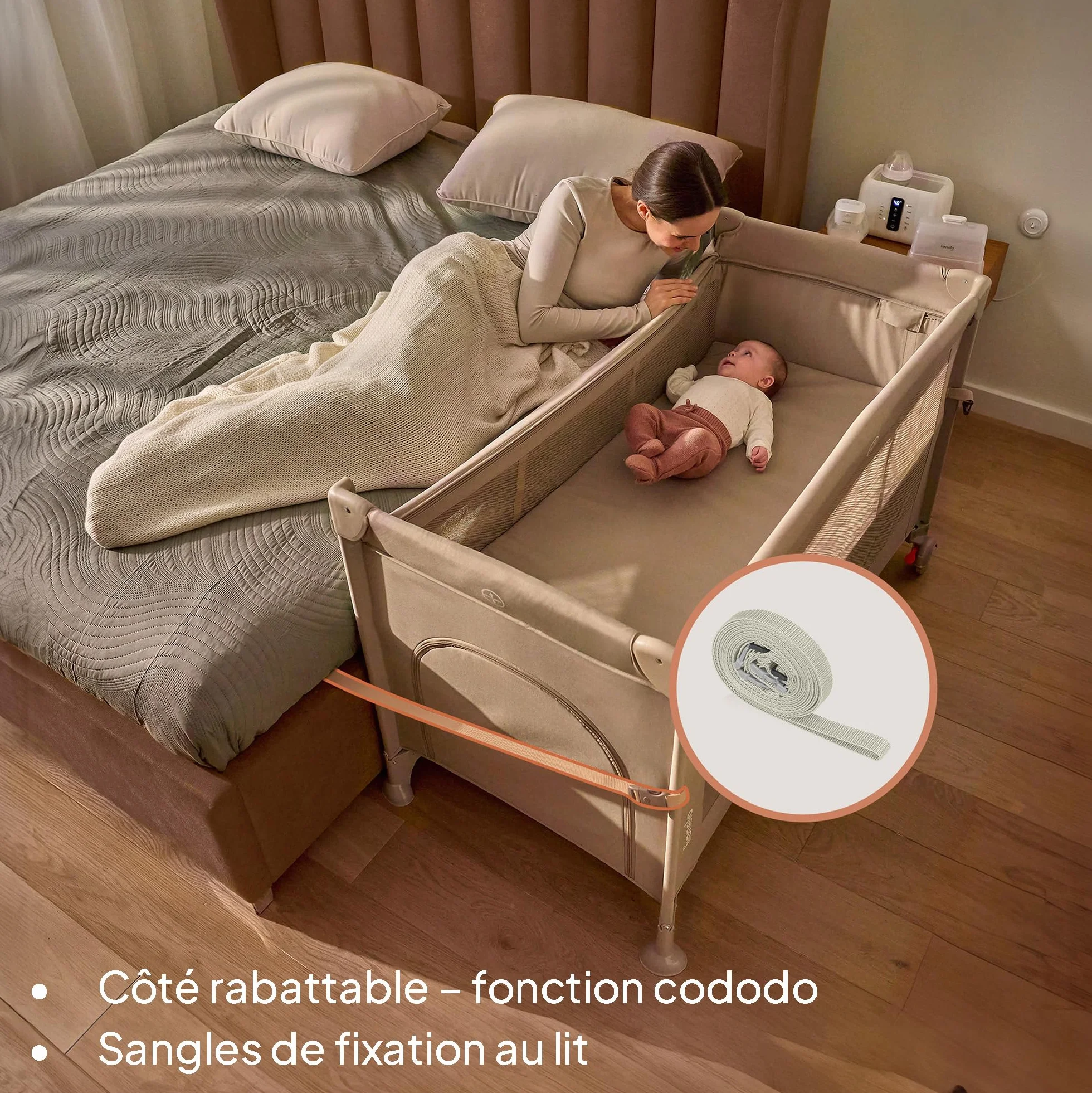 LIONELO ELLEN Lit de Voyage 3 en 1 Cododo 0-3 Ans 15 kg 2 Hauteurs Matelas Gris