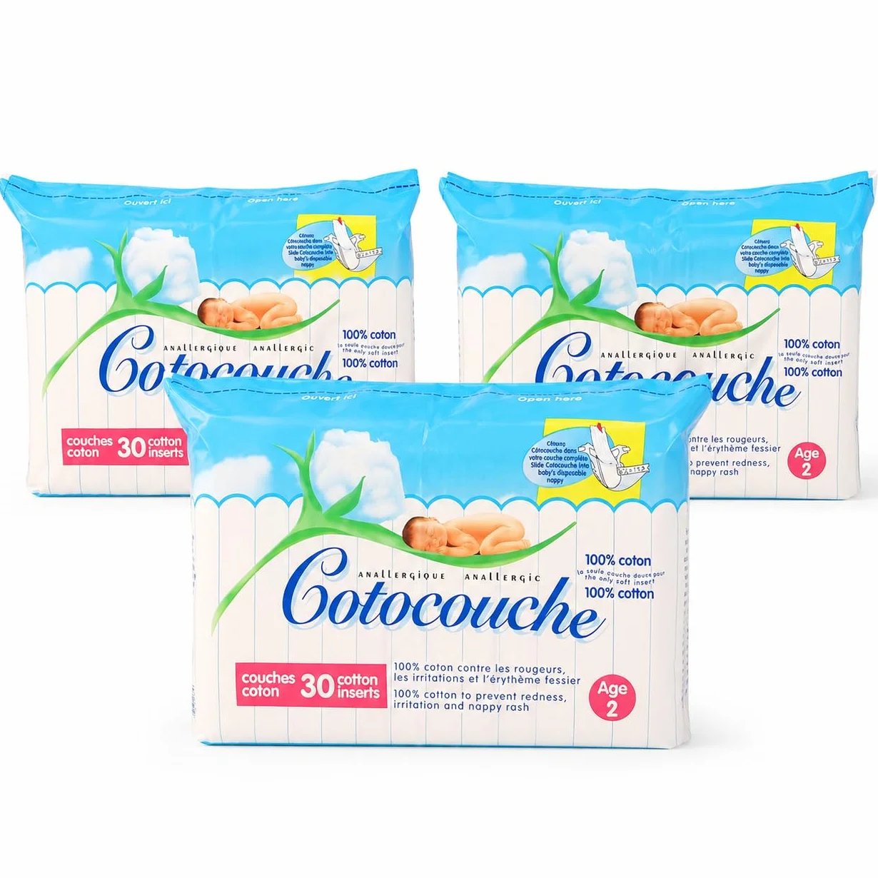 Cotocouche Inserts Coton Bébé Lot de 3 Paquets 30 (90 Inserts) 100% Coton Taille Age 2 Voile Protection Couche