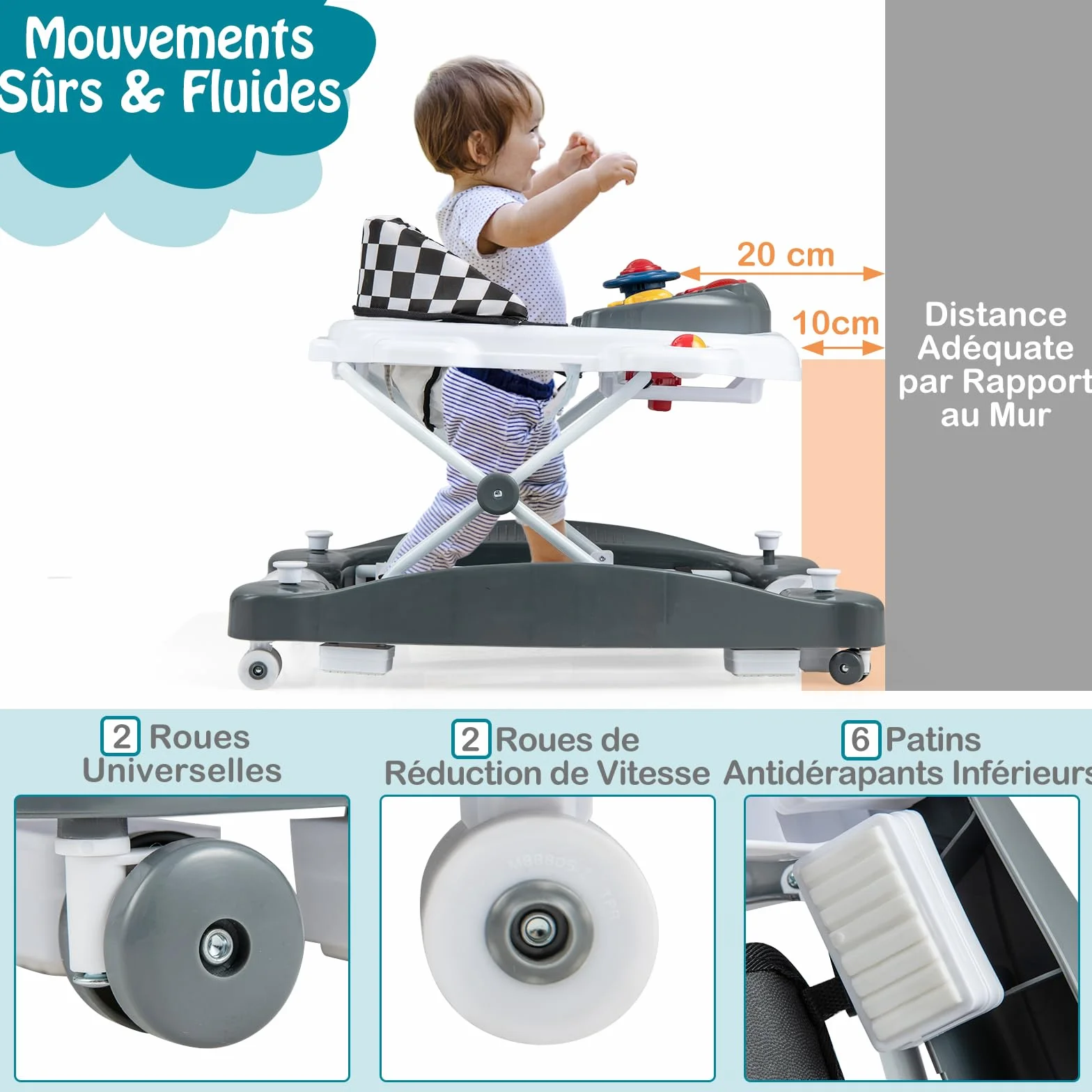 GOPLUS Trotteur Bébé Évolutif 6 en 1, Pliable avec 3 Hauteurs Réglables, Lumières, Musique, Charge 12KG, pour 6+ Mois, Gris
