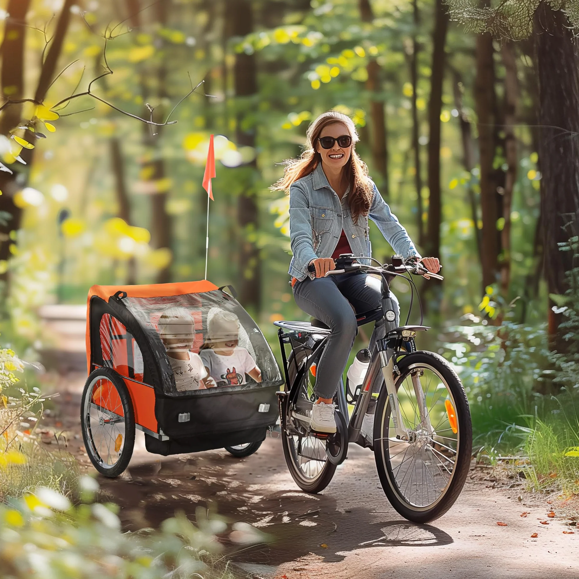 HOMCOM Remorque vélo enfants 2 sièges ceintures sécurité cadre acier housse Oxford Orange