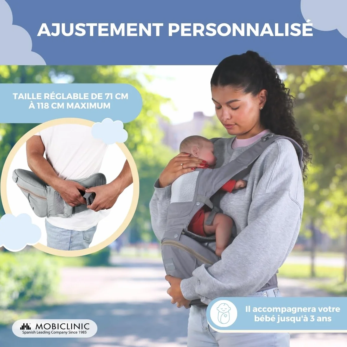 Porte-bébé Mobiclinic 6 en 1 Moley Multiposition Pliable 0-36 mois Coton premium Gris
