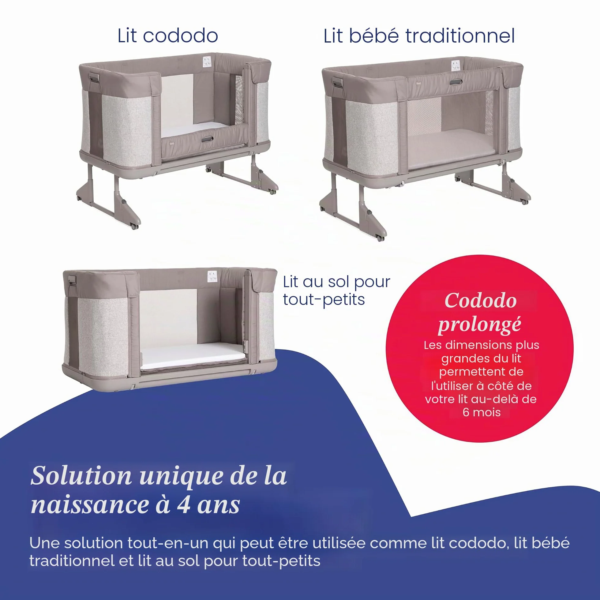Chicco Next2Me Forever, Lit Bébé 3en1 jusqu'à 4 Ans (22 kg), Berceau avec Hauteur Réglable et Matelas Inclus