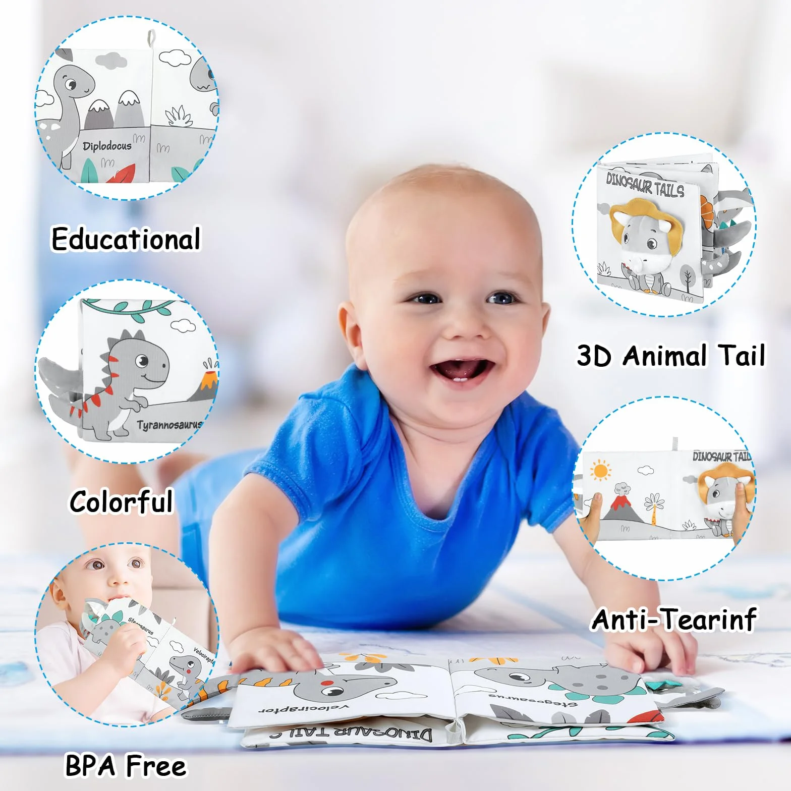 HOTUT Livre d'Éveil en Tissu 3D pour Bébé 0-24 Mois - Dinosaure