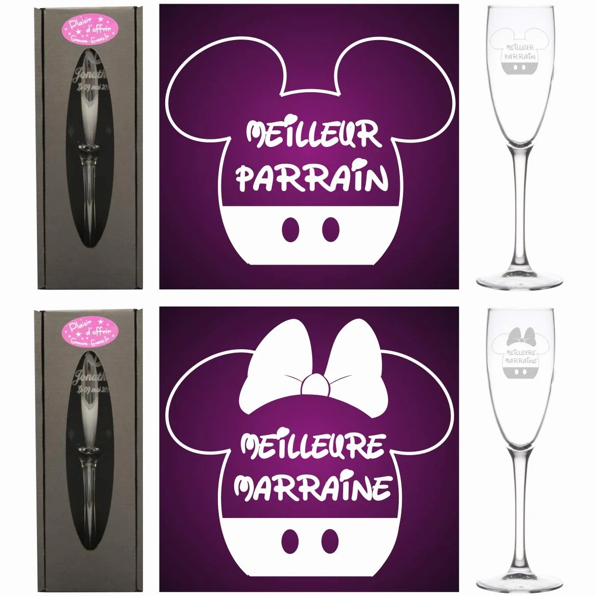 Lot 2 Flûtes gravées Verre Meilleur Parrain Marraine Baptême Communion Décoration table Mickey Mouse Minnie Disney