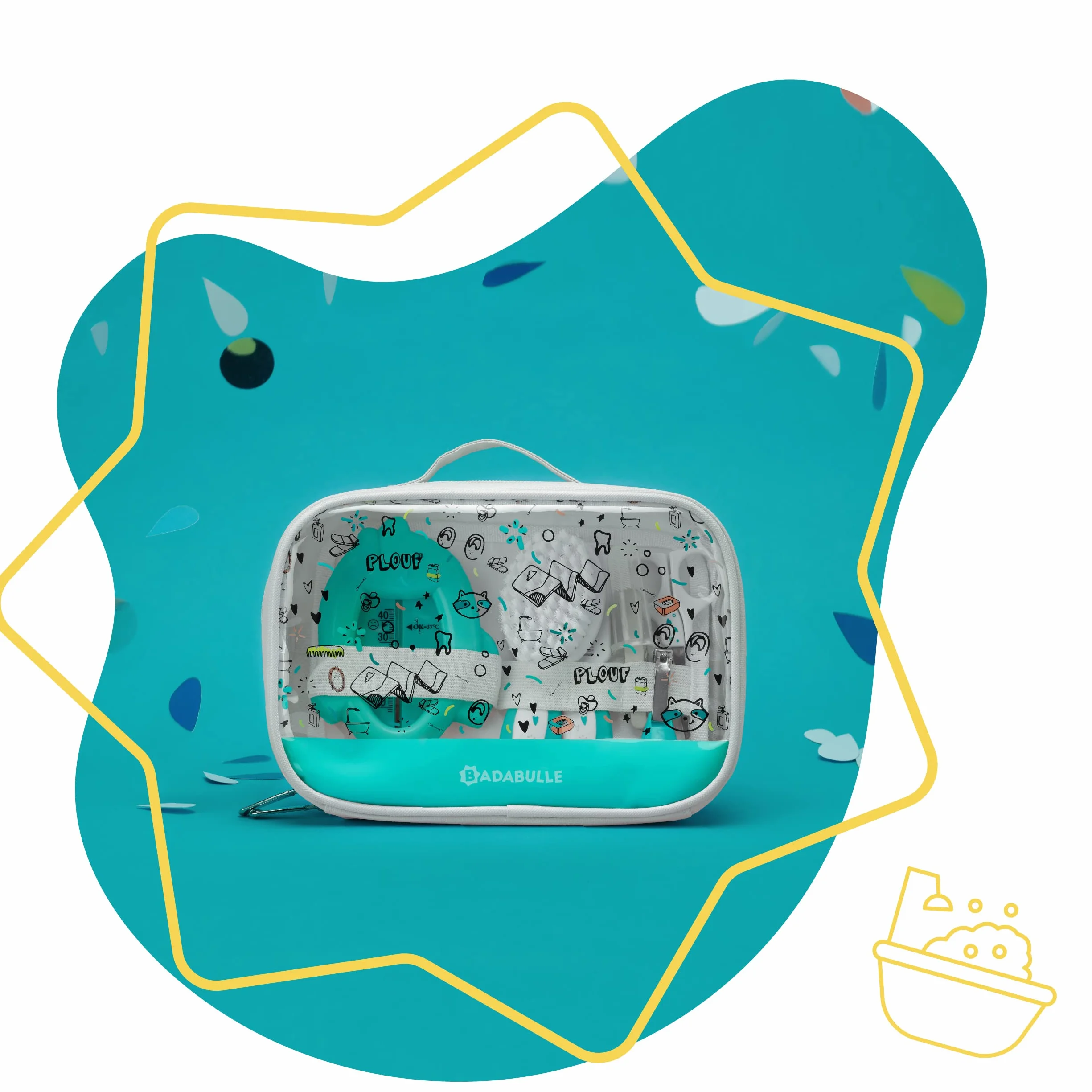 Badabulle Trousse de Soin Bébé Plouf Kit Complet 7 Accessoires Brosse Thermomètre Bain Ciseaux Arrondis
