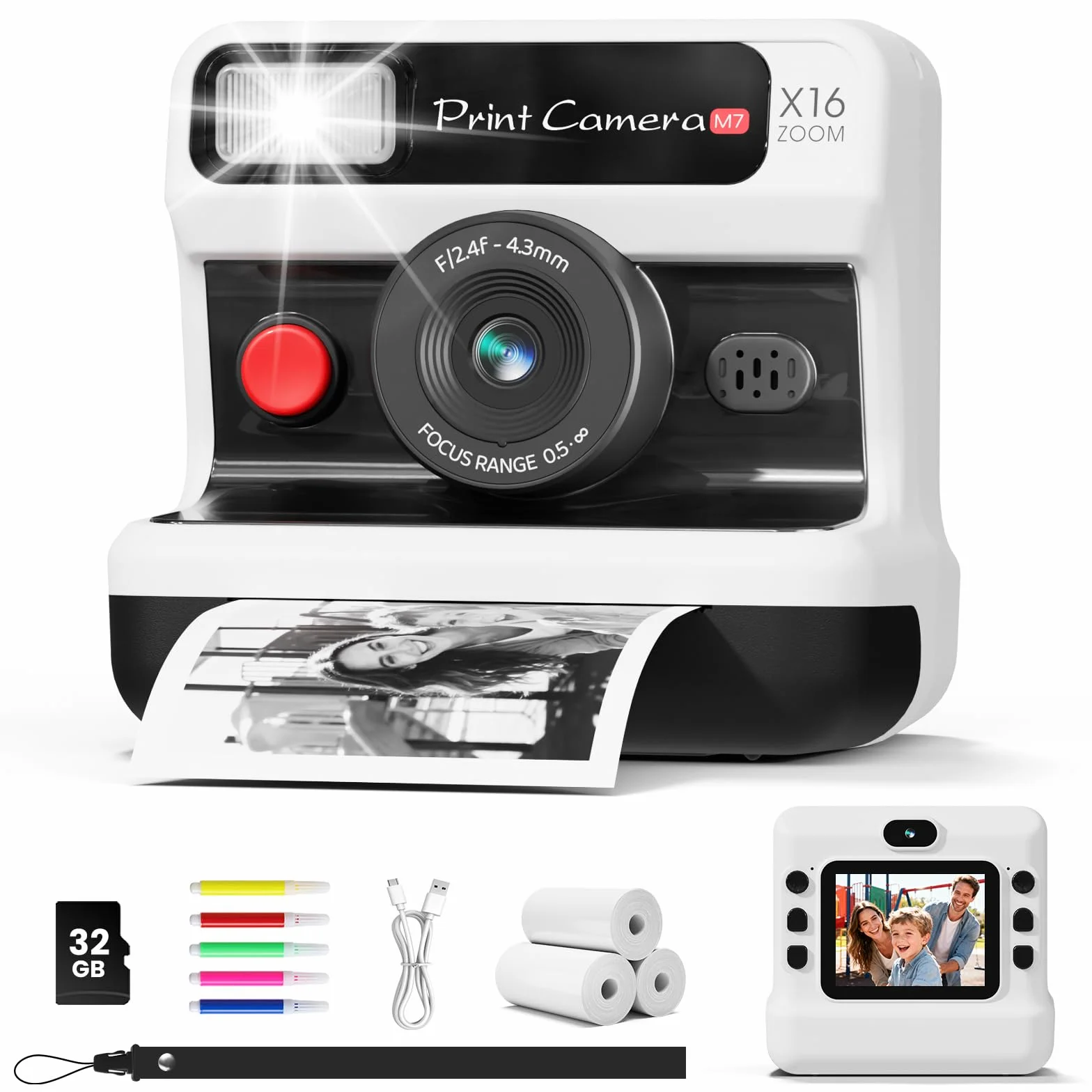 Appareil Photo Instantané Enfants 1080P HD Numérique Double Objectif avec Carte 32GB Papier d'impression Cadeaux Garçons Filles 3-12 Ans