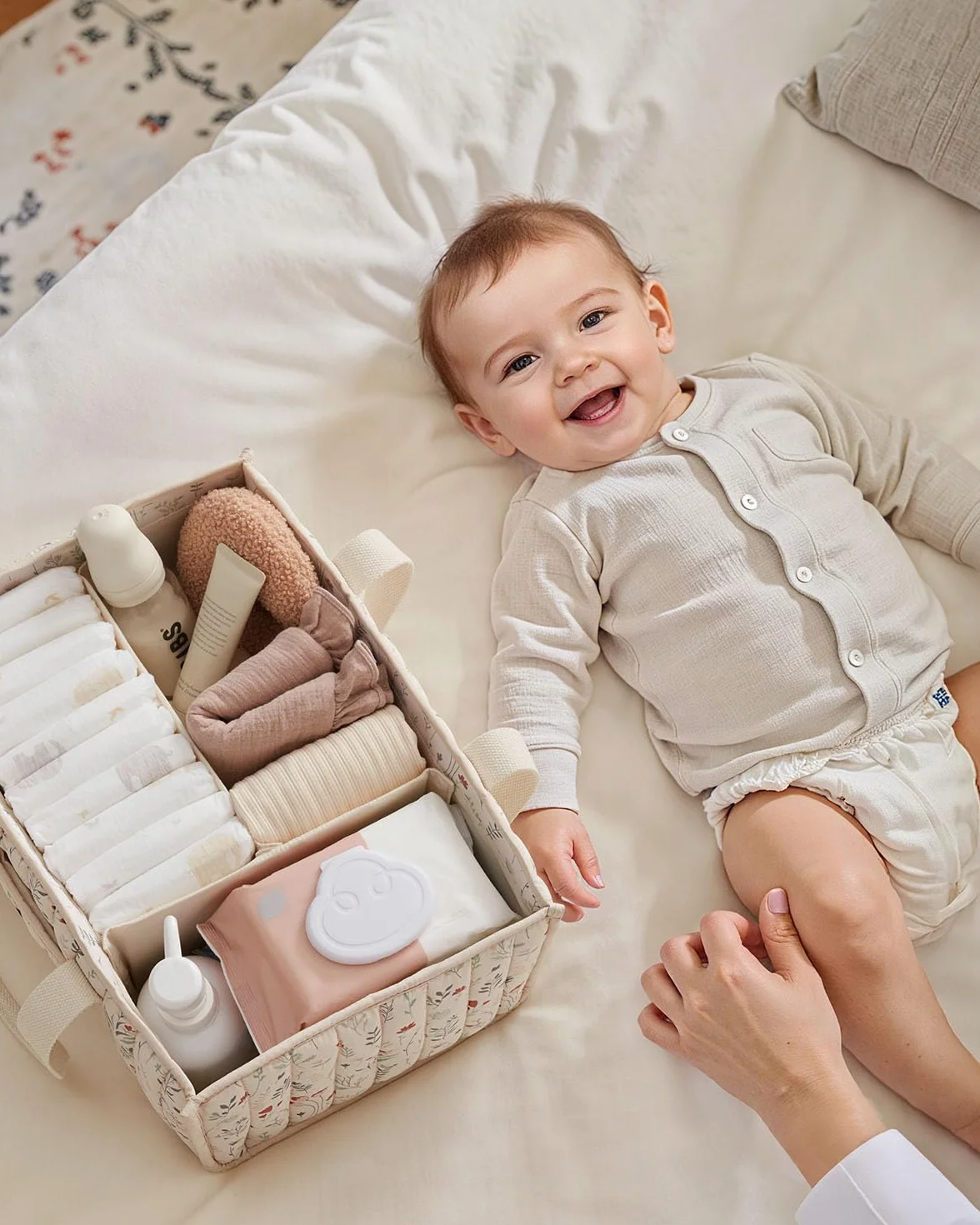 Blissful Diary Panier Rangement Bébé Organiseur Couches Table à Langer Fleurs Beiges