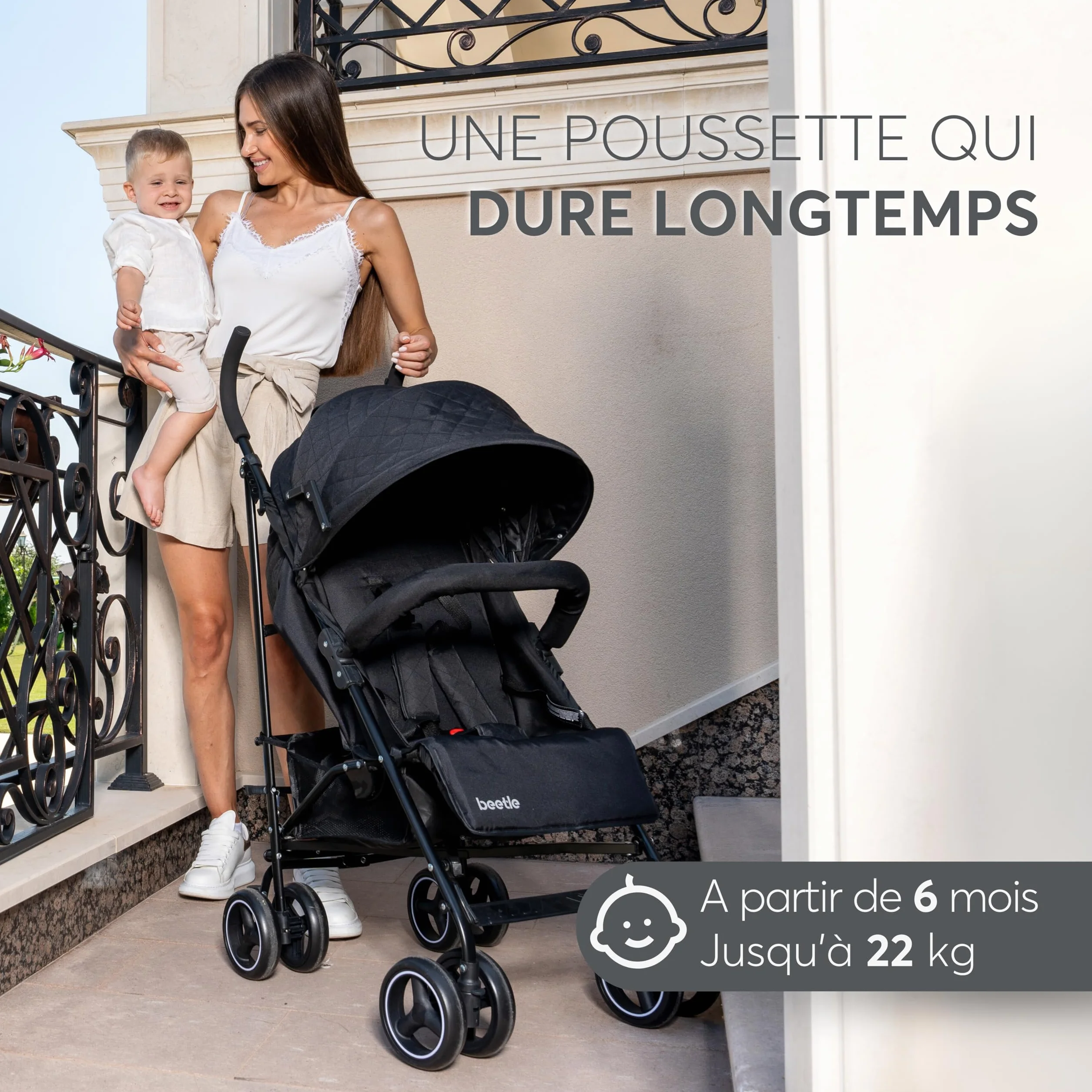 Poussette KikkaBoo BEETLE pliable compacte gris jusqu'à 22 kg