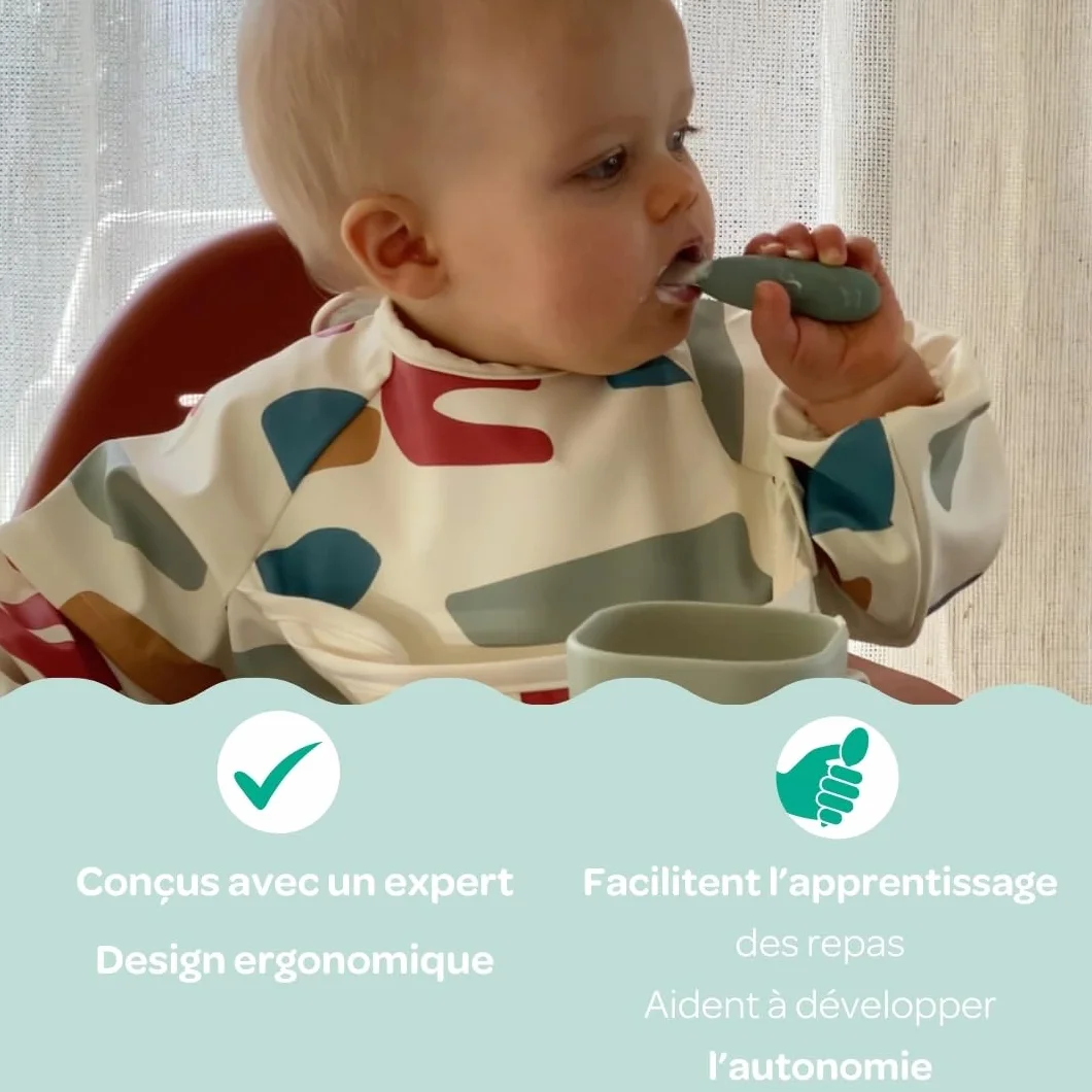 BÉABA Couverts bébé acier inoxydable silicone lot de 2 ergonomique apprentissage vert sauge