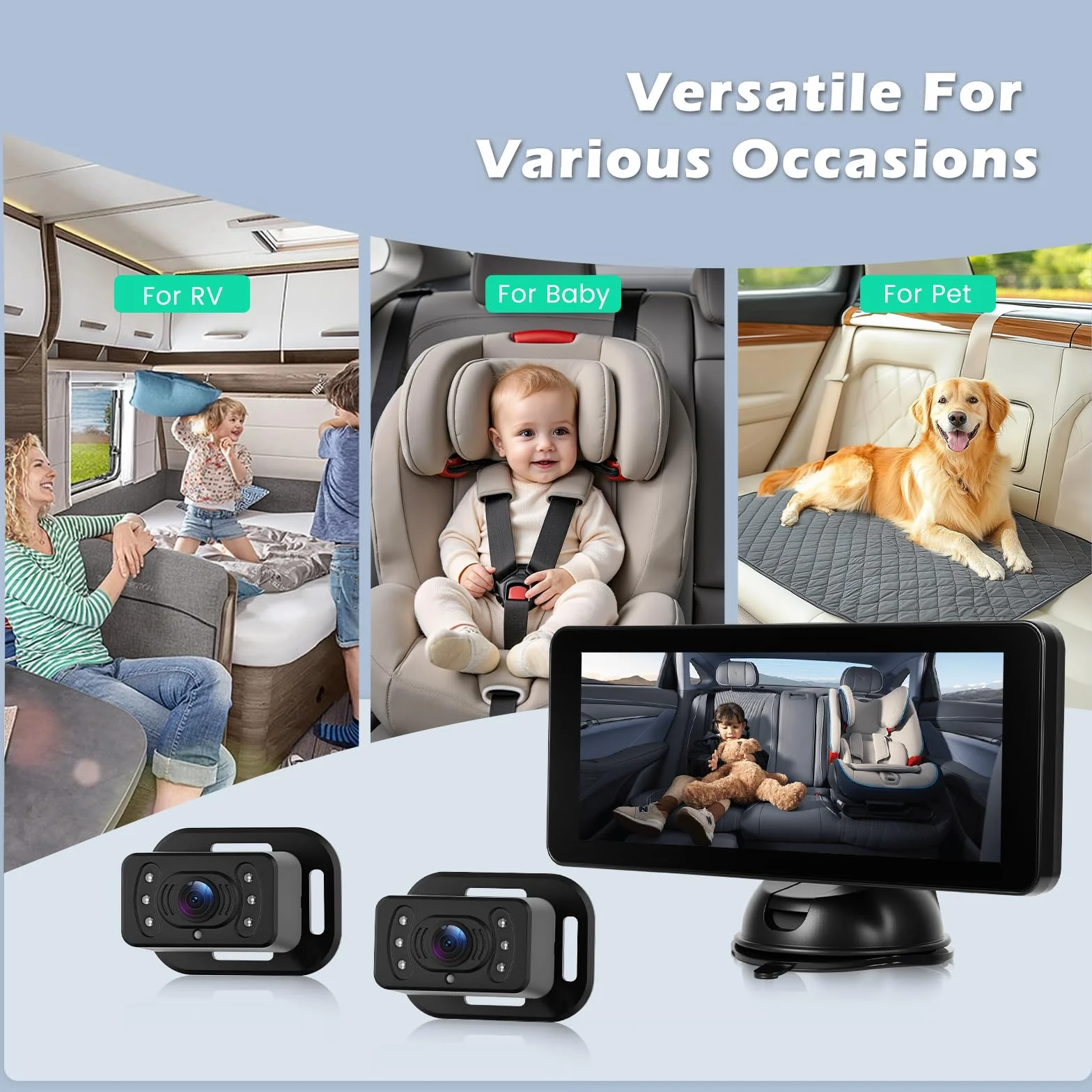 Caméra pour Siège Bébé avec Écran IPS HD 6,9" et Deux Caméras Arrière, Vision Nocturne, Caméra Pivotante 360°