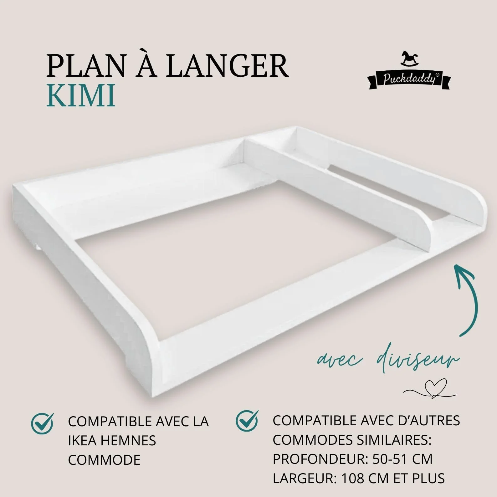Table à Langer Bébé XXL 108 x 80 x 10 cm Bois MDF Blanc pour Commode Hemnes