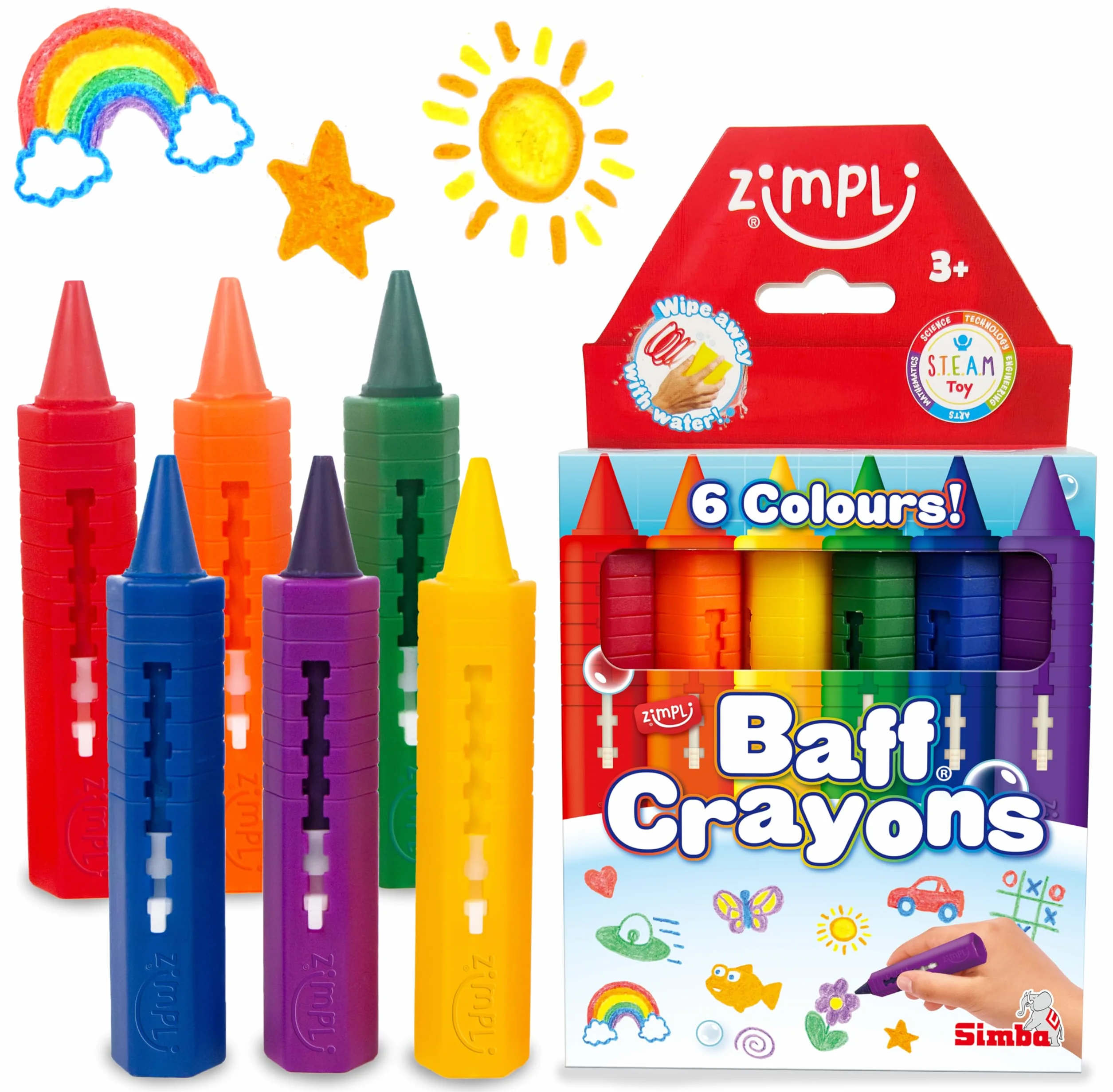 ZIMPLI 6 Gros Crayons de Bain Lavables pour Enfants - Jouet de Douche Créatif