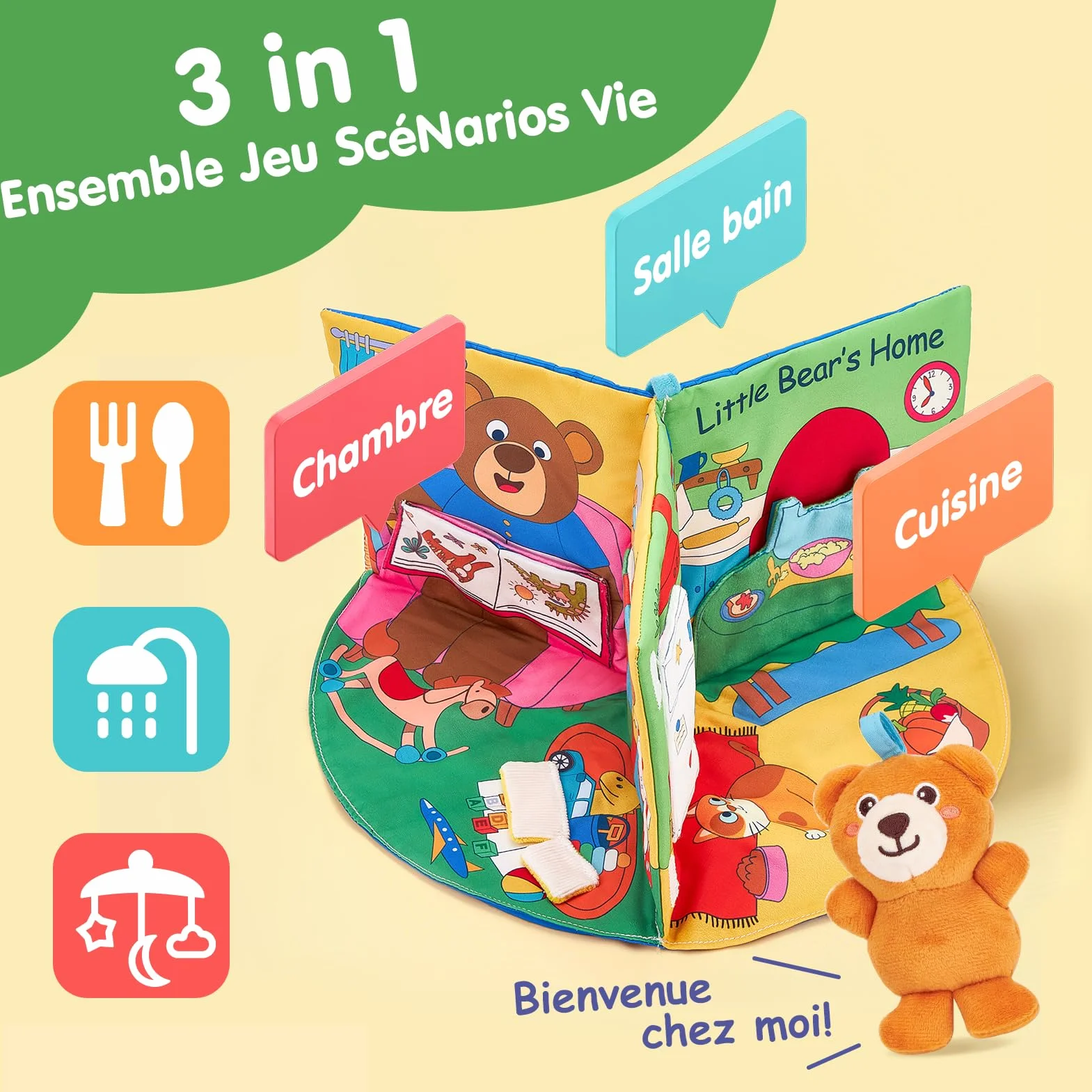Livre Tissu Bebe Eveil 1 an - Livres activite sensoriel tactiles Bebes, Jouets Tissu Temps sur Ventre 6-18 Mois, Cadeau garcon Fille Enfant