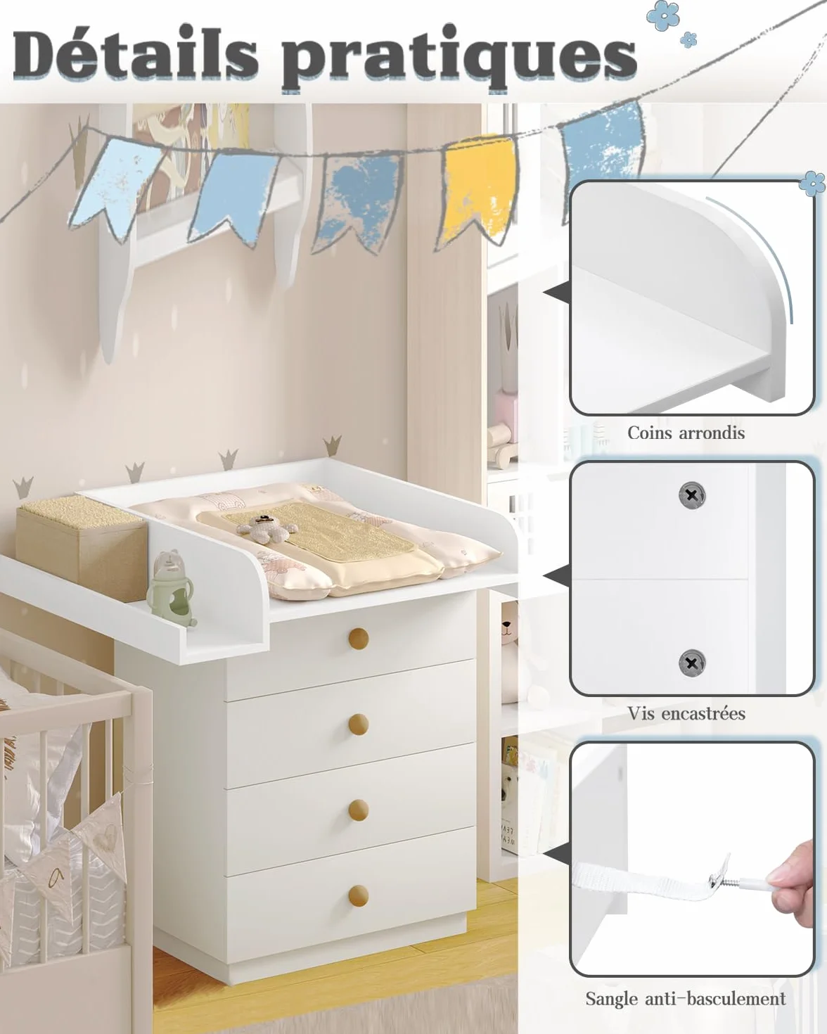 WOLTU Plan à langer pour machine à laver ou sèche-linge, table à langer bébé avec rebord de protection, 80 x 70 x 16,5 cm, blanc