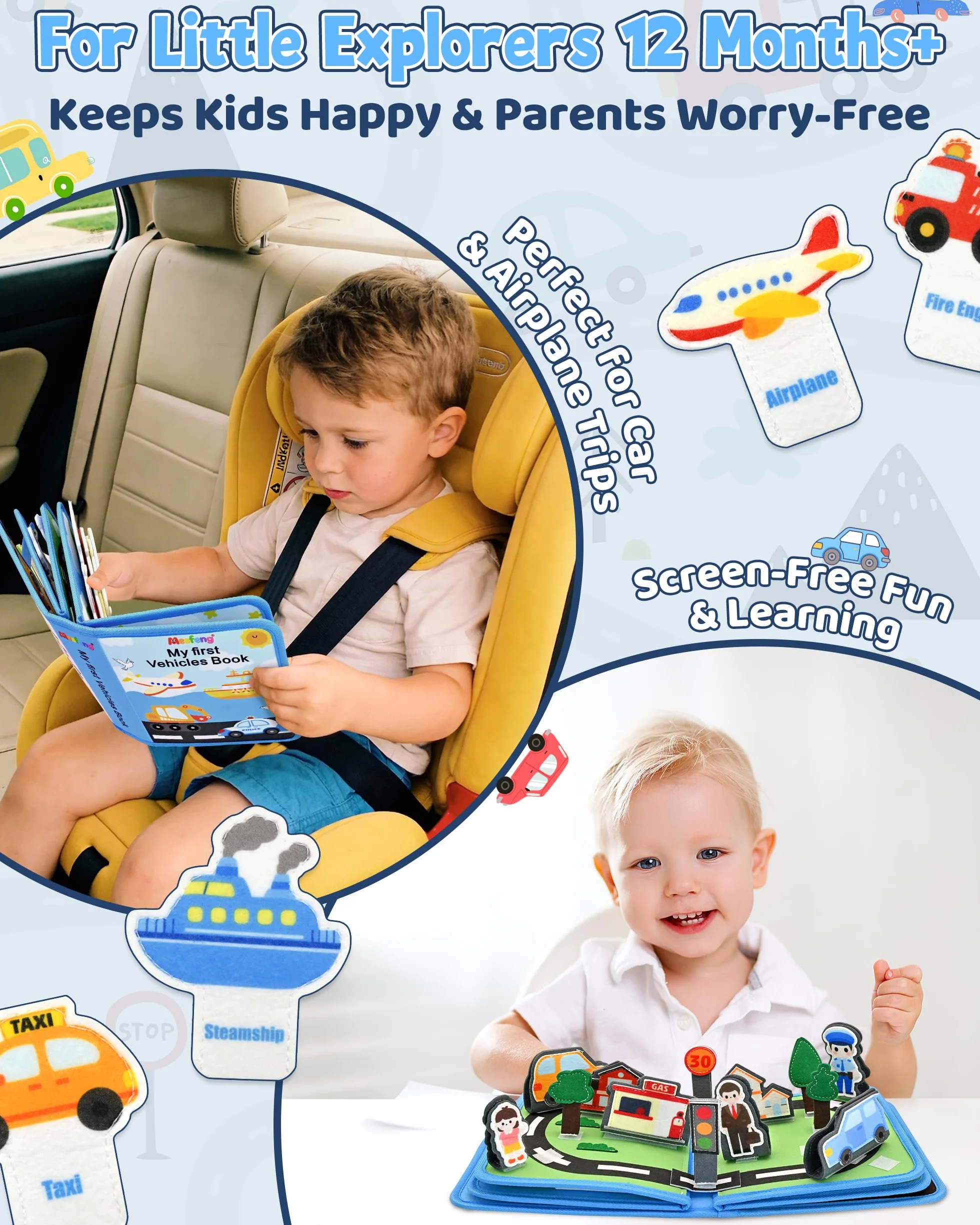 Busy Board Book pour Enfant 12-36 Mois – Livre Quiet 3D Véhicules Montessori, Jeux de Voyage Avion Voiture – Cadeau Anniversaire Bébé 1-3 Ans