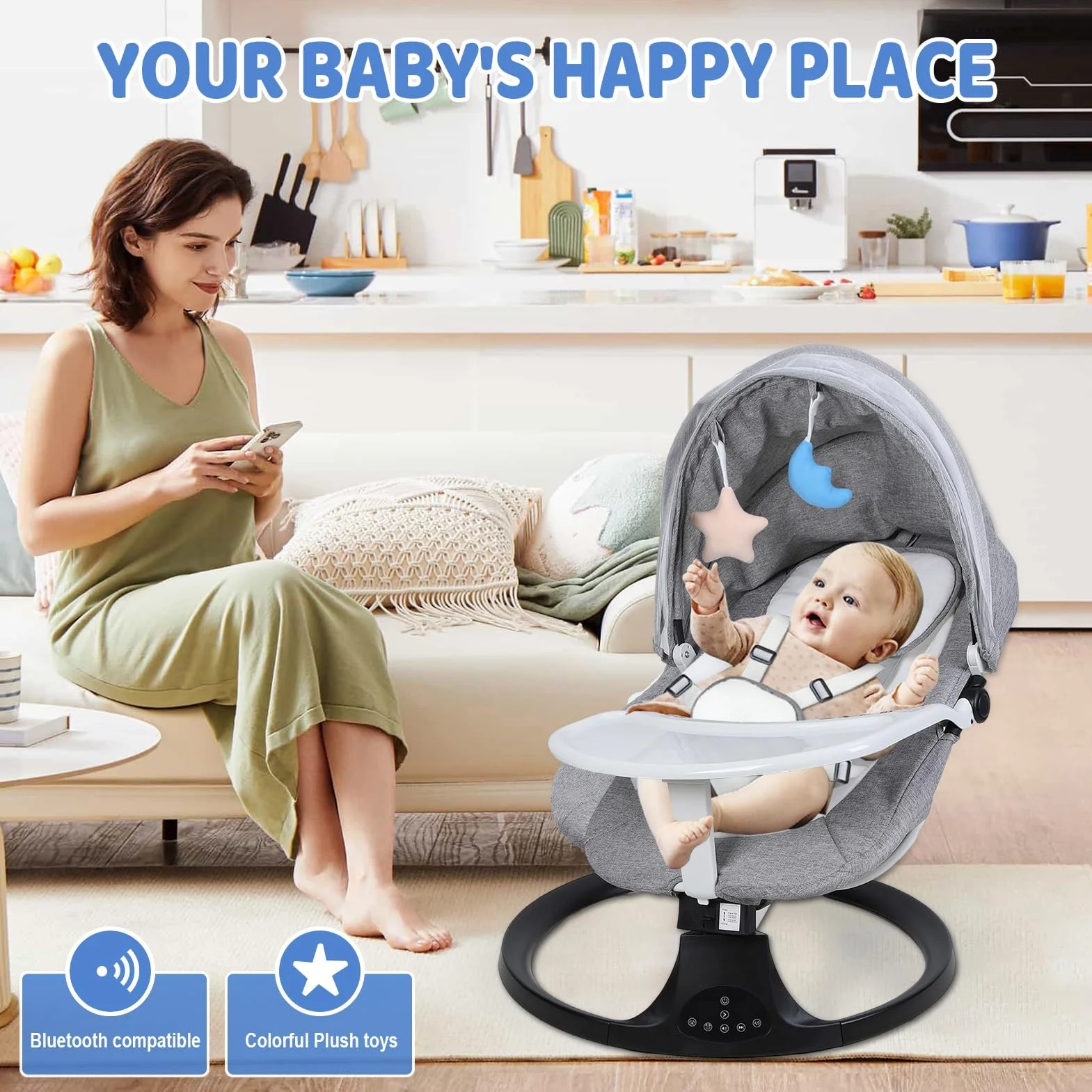 Transat Bébé Évolutif Balancelle Électrique Bluetooth Télécommande Harnais 5 Points Mouvement Up-Down Pare-Soleil 0-24