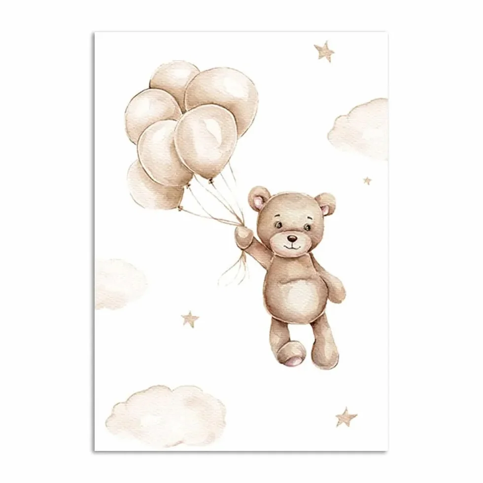 Affiche Ourson Chambre Bebe 30x40cm Poster Mural Enfant Garcon Nounours Nuage Ballon Tableau Decoration Murale Fille Cadeau sans Cadre
