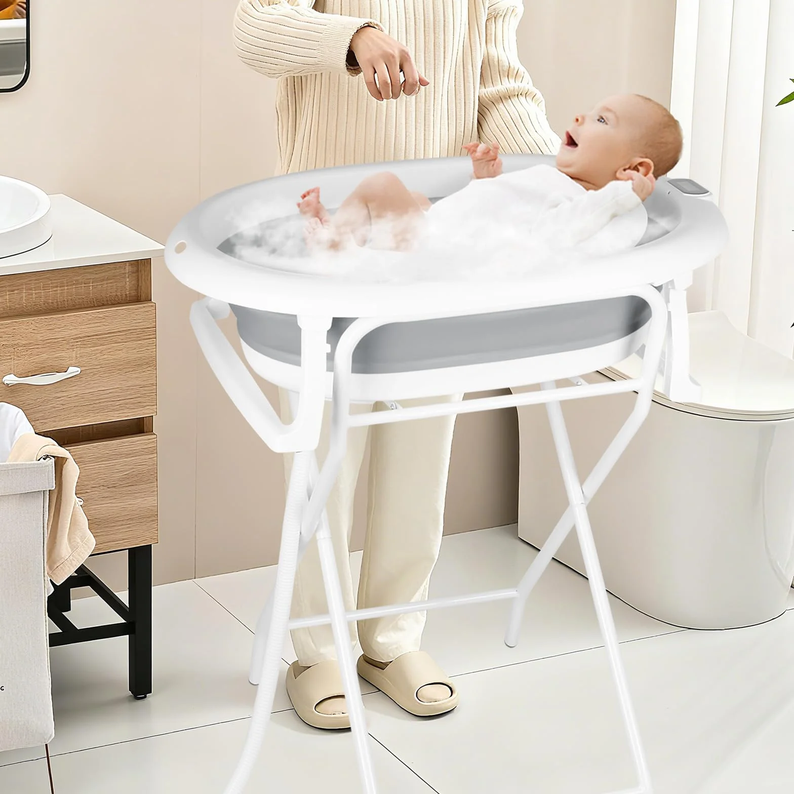 Baignoire Bébé Pliable Sur Pied XXL avec Support, Thermomètre 2.0, Siège et Kit de Drainage