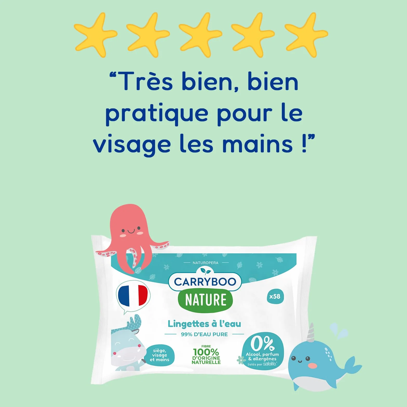 Lingettes à l’Eau pure 4x58 - Lingette Bébé Fibre 100% Naturelle - Serviettes Nettoyantes Sans Allergènes - Soin Bébé Peaux Normales & Fragiles