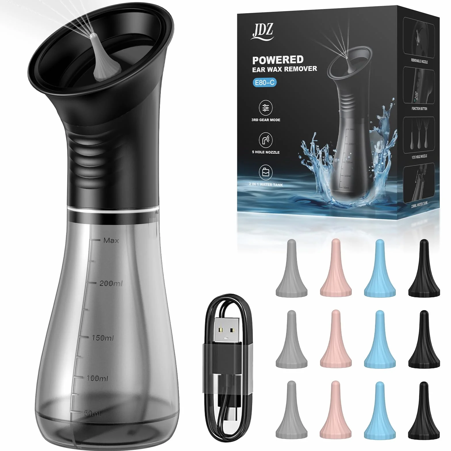 Nettoyeur Oreille Rechargeable IPX7 Étanche Double Réservoir 3 Modes 12 Embouts Auriculaires