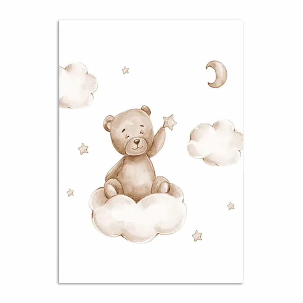 Affiche Ourson Chambre Bebe 30x40cm Poster Mural Enfant Garcon Nounours Nuage Ballon Tableau Decoration Murale Fille Cadeau sans Cadre