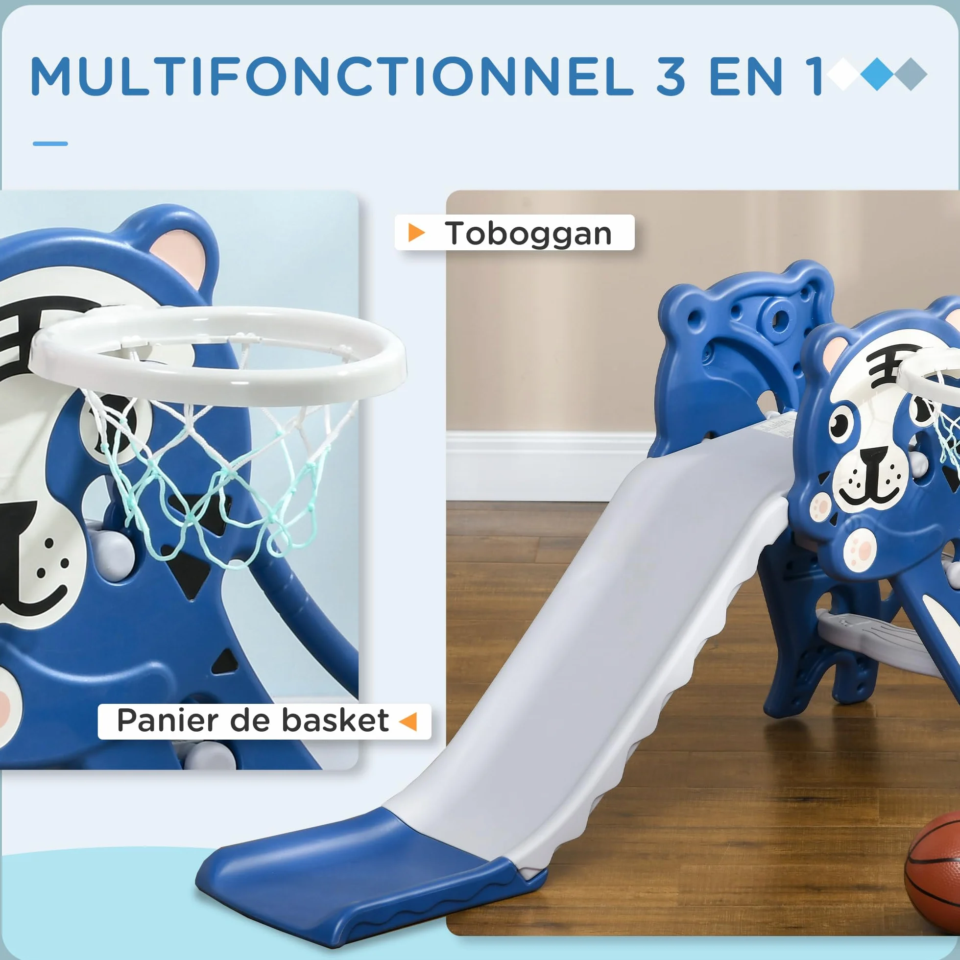 AIYAPLAY Toboggan pour Enfants avec Panier de Basket, Thème Tigre, 133x60x70 cm, Bleu