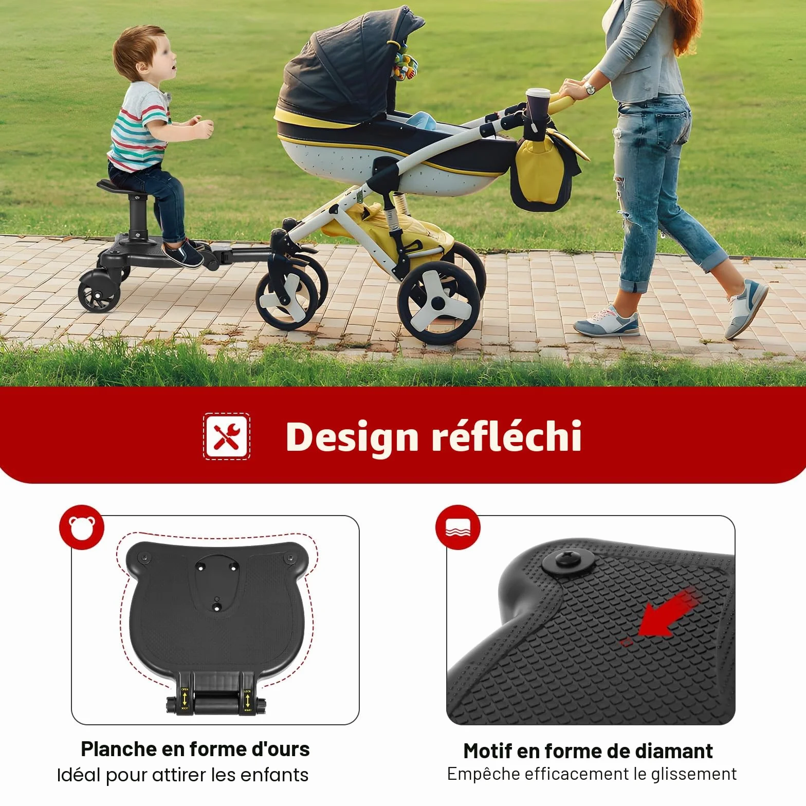 Planche Poussette Universelle avec Siège Amovible, Charge 25kg, Noir