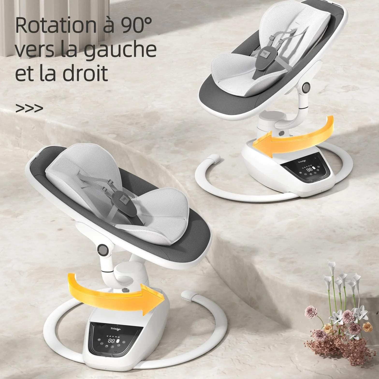 Balançoire bébé électrique réglable inclinaison rotation 180° 5 modes balancement musique télécommande jusqu'à 18 kg Gris