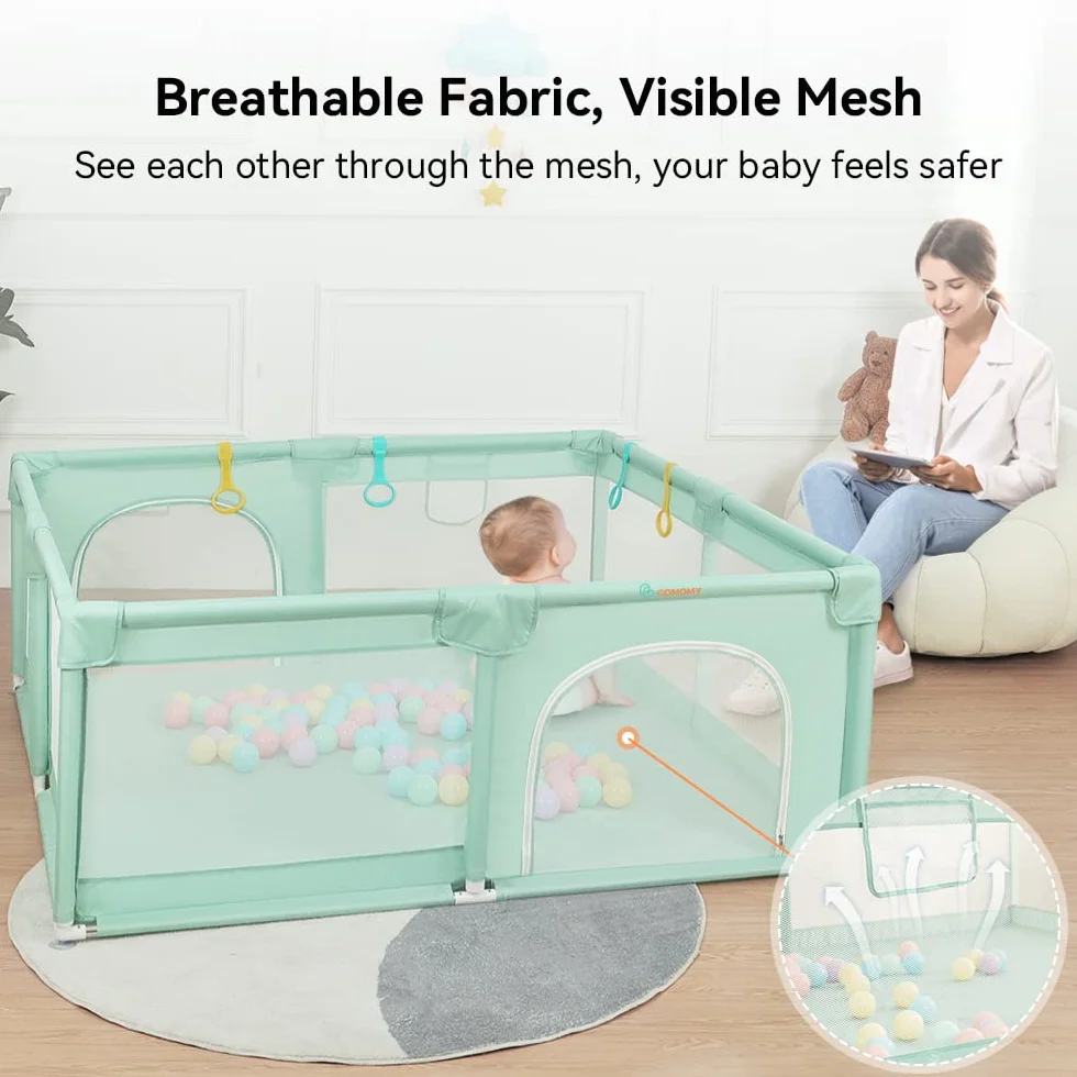 COMOMY Parc Bébé 200x180x66cm XXL avec 50 Boules, Mini Vannerie, 4 Anneaux de Traction, Filet Respirant Centre d'Activités Vert