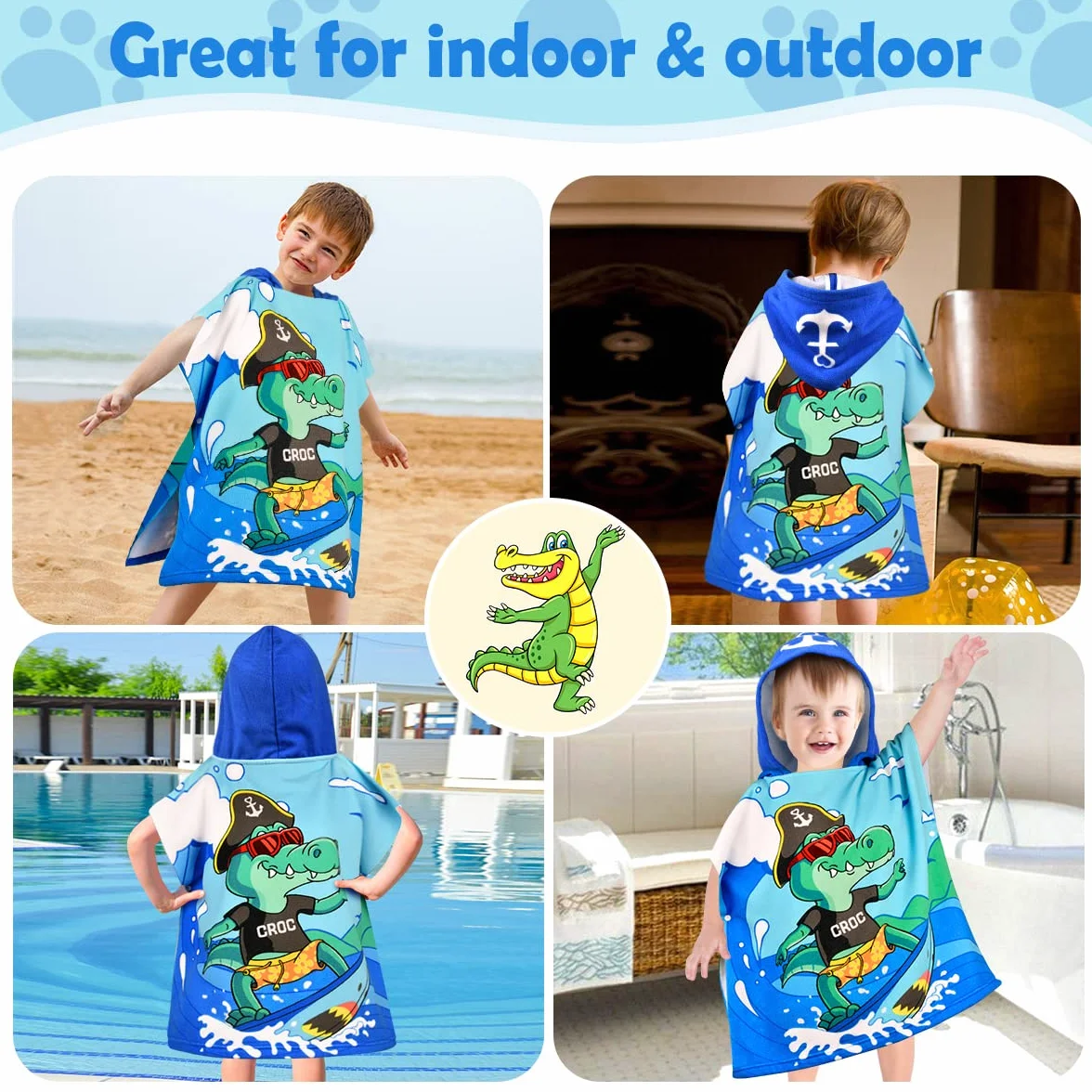 Serviette de Bain Enfant Poncho Crocodile Cape de Bain Fille Garcon Super Absorbant Séchage Rapide Poncho à Capuche Surf Sortie de Bain Bébé 2-6 Ans