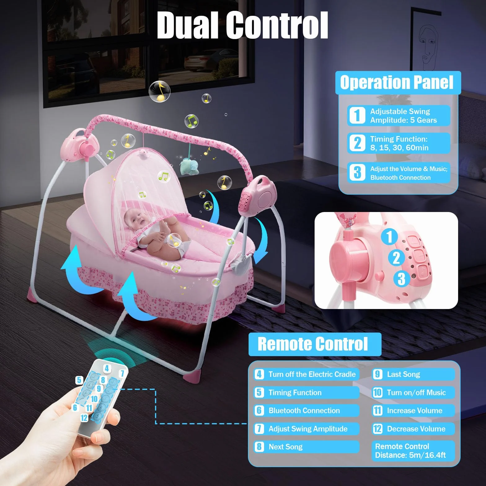 Transat Électrique Pliable avec Musique Intégrée, Télécommande, Matelas Épais, Oreiller Ergonomique