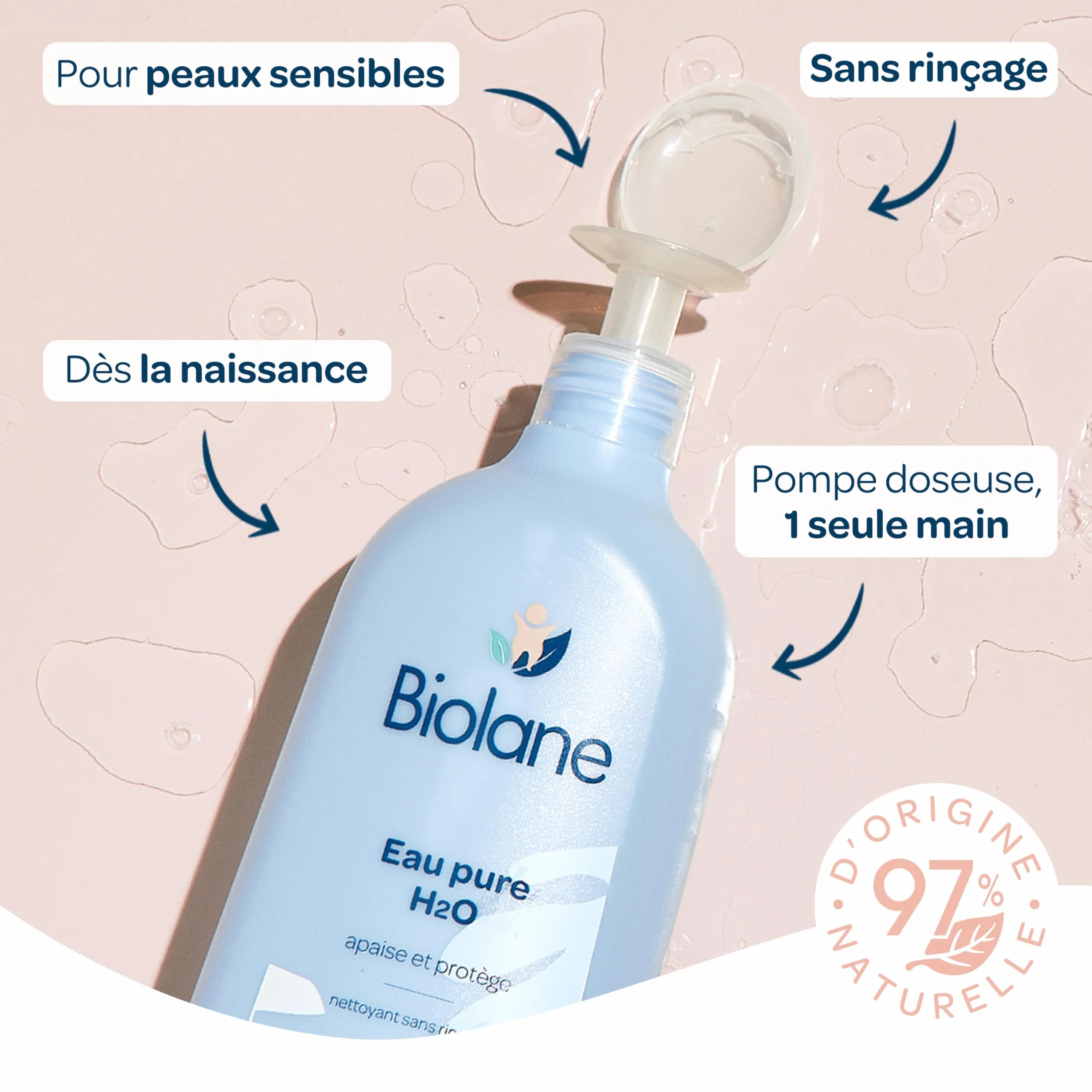 BIOLANE Lot de 4 Flacons Eau Pure H2O Nettoyant Bébé Sans Rinçage 750ml Fabriqué en France