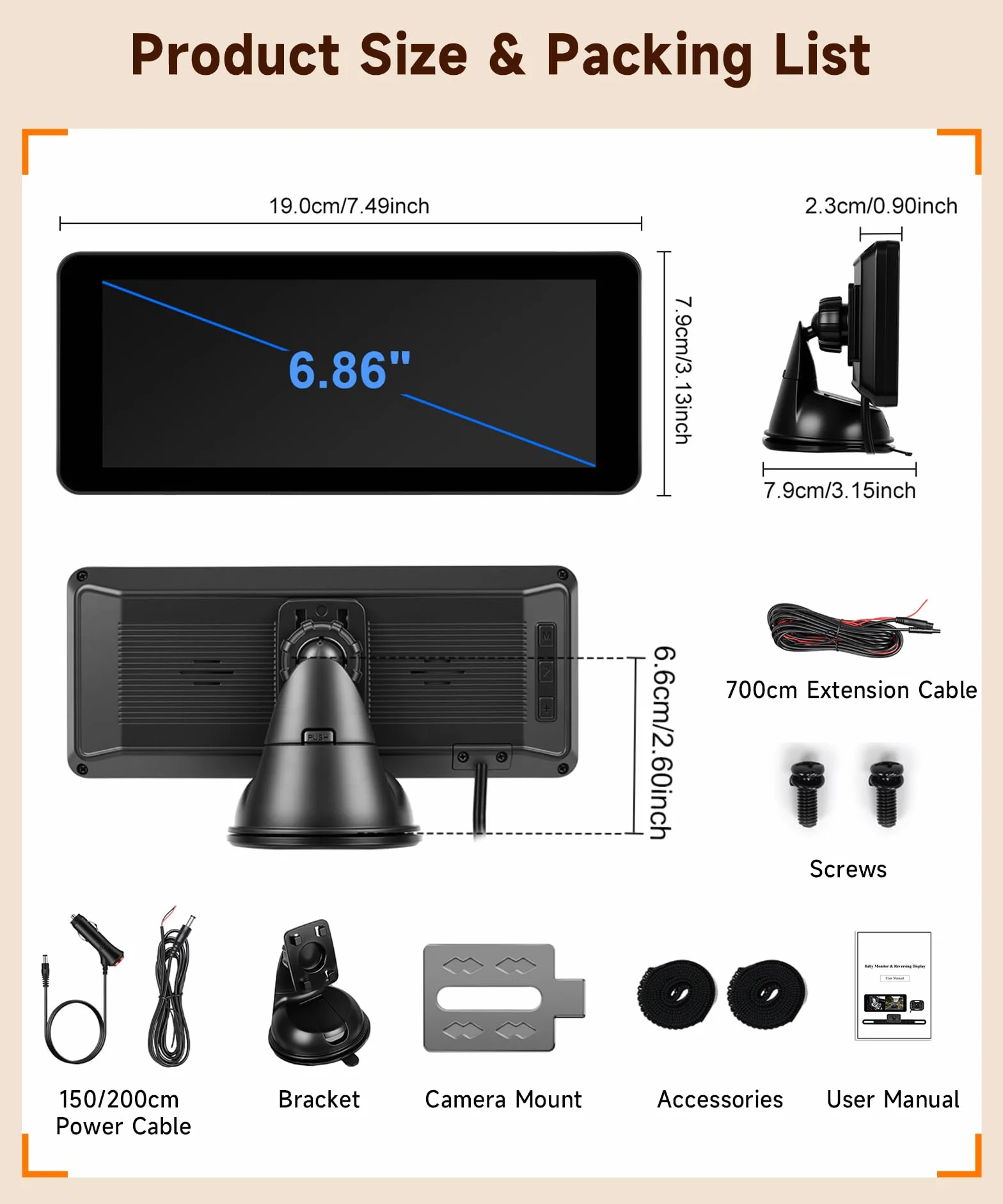 VECHTEL Moniteur Auto 6,86" IPS Double Caméra 720P Rotative 360° IP69 Étanche Vision Nocturne Grand Angle 12V