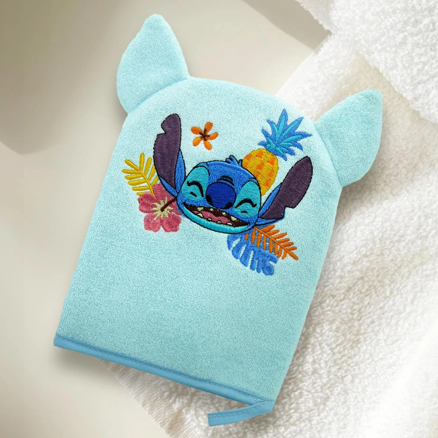 Disney Baby Stitch Gant de Toilette Bébé Douceur Bain Douche Ultra Doux Broderie Lilo & Stitch Adapté Corps Visage Debarbouillette Lavable