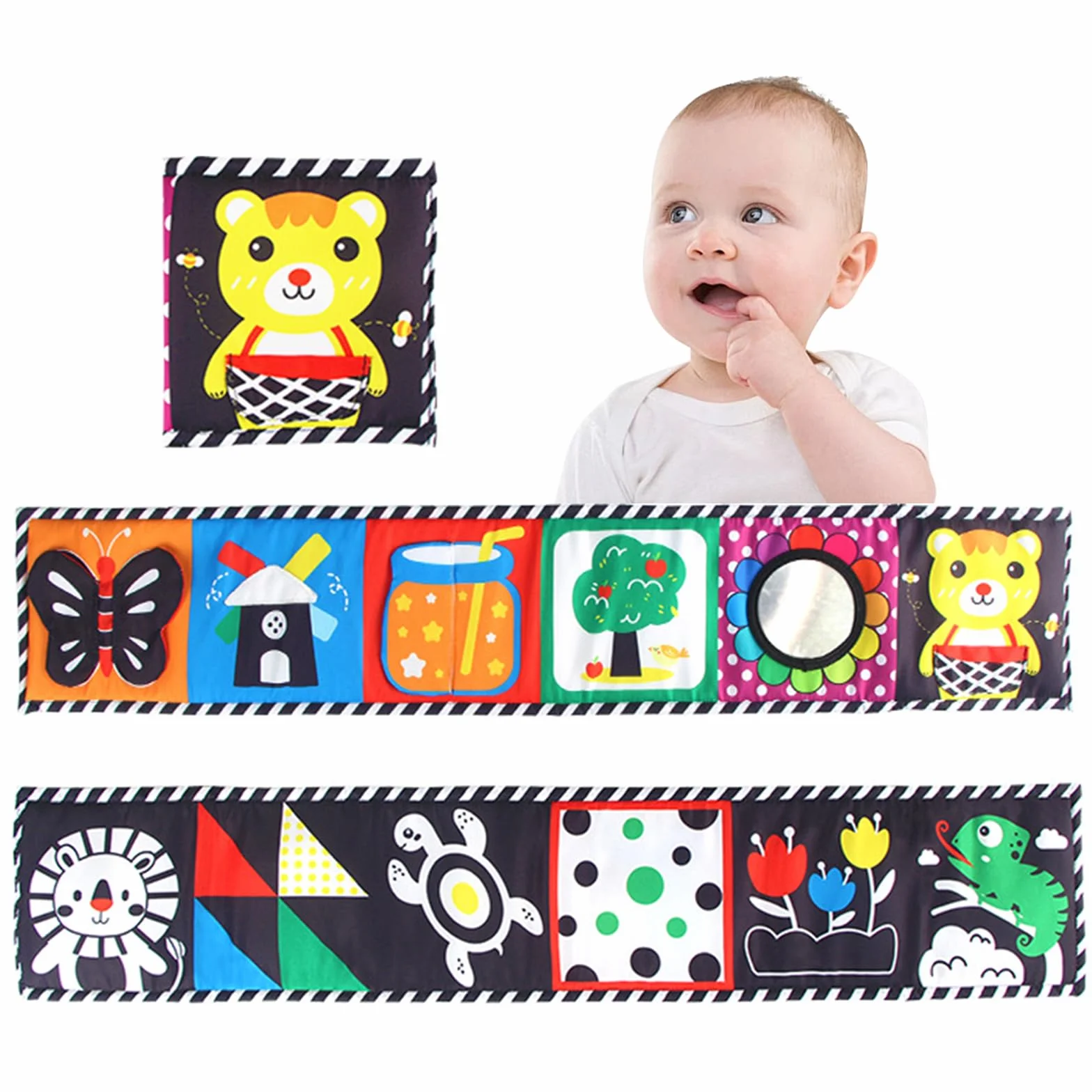 Livre Tissu Bébé 0-3-6 Mois Haute Contraste Sensoriel Noir et Blanc Pliable Réutilisable
