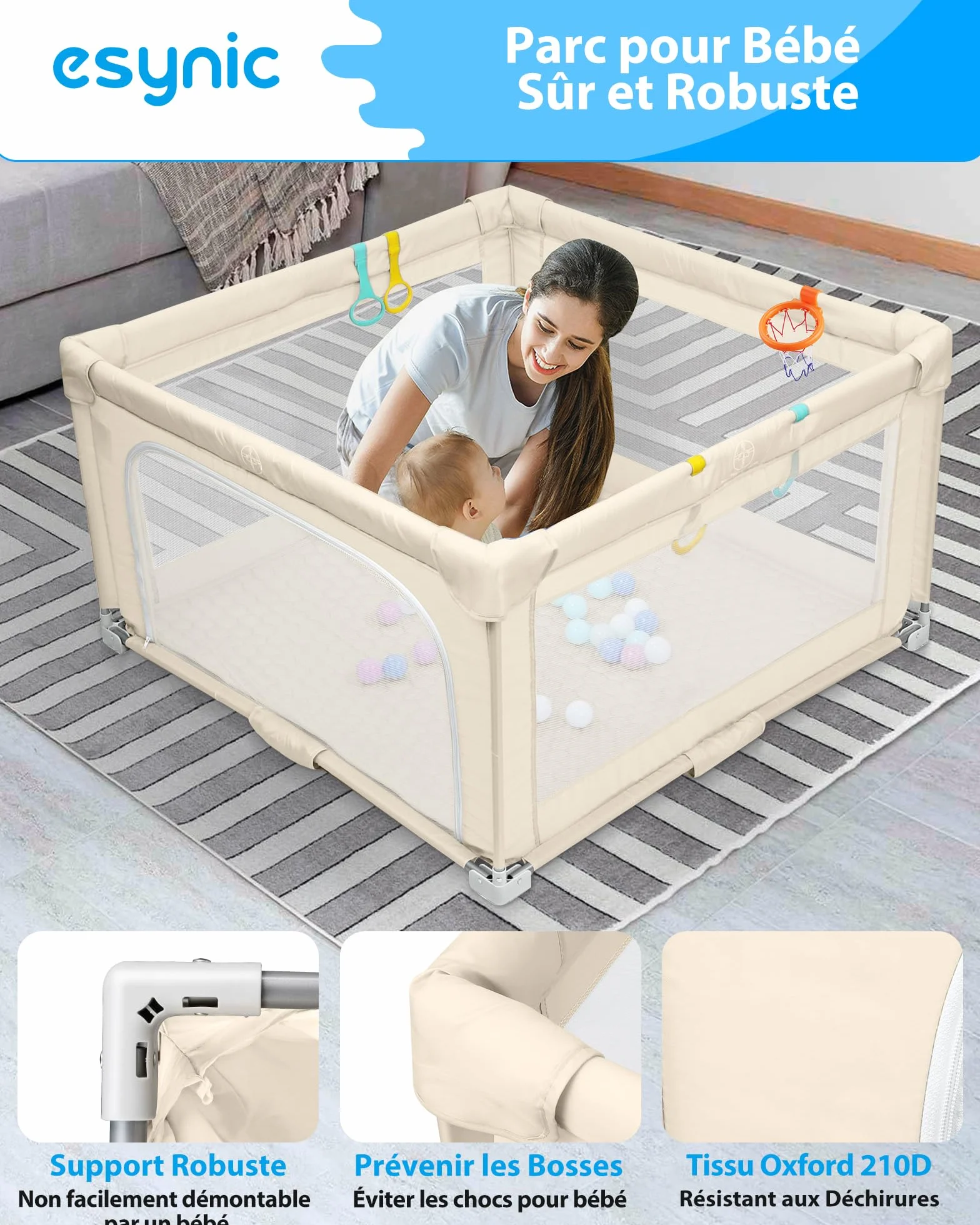 eSynic Parc Bébé Pliable 127 × 127 cm avec Tapis Sac de Rangement Balle Océanique Panier de Basket - Beige