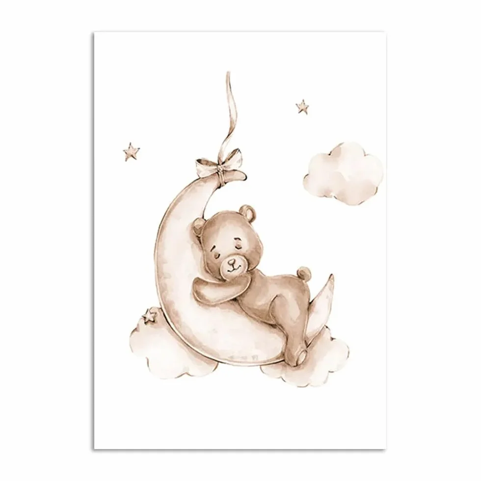Affiche Ourson Chambre Bebe 30x40cm Poster Mural Enfant Garcon Nounours Nuage Ballon Tableau Decoration Murale Fille Cadeau sans Cadre