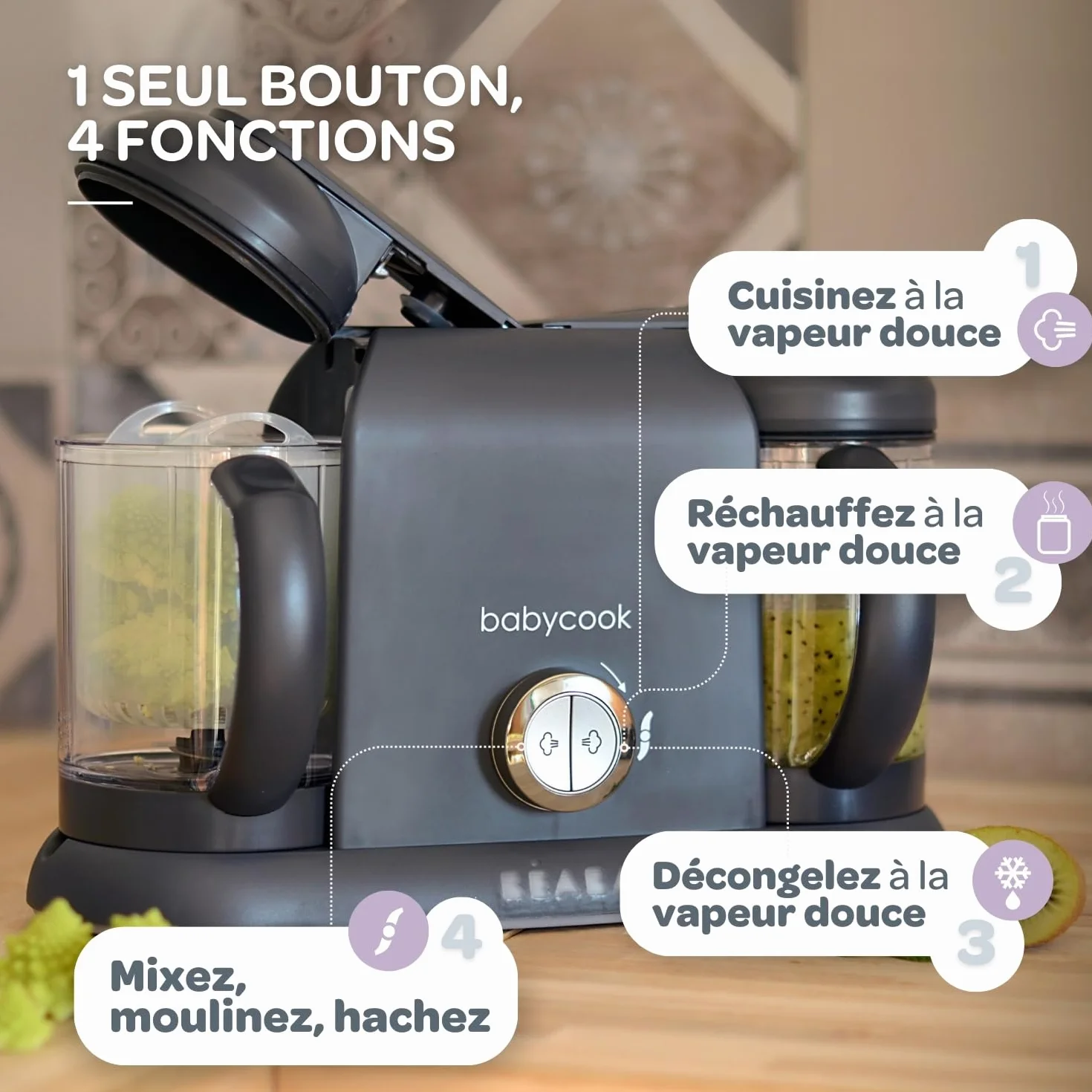 BÉABA Babycook Duo Robot Bébé 4 en 1 Mixeur-Cuiseur Cuisson Vapeur 15min 2200 ml Dark Grey