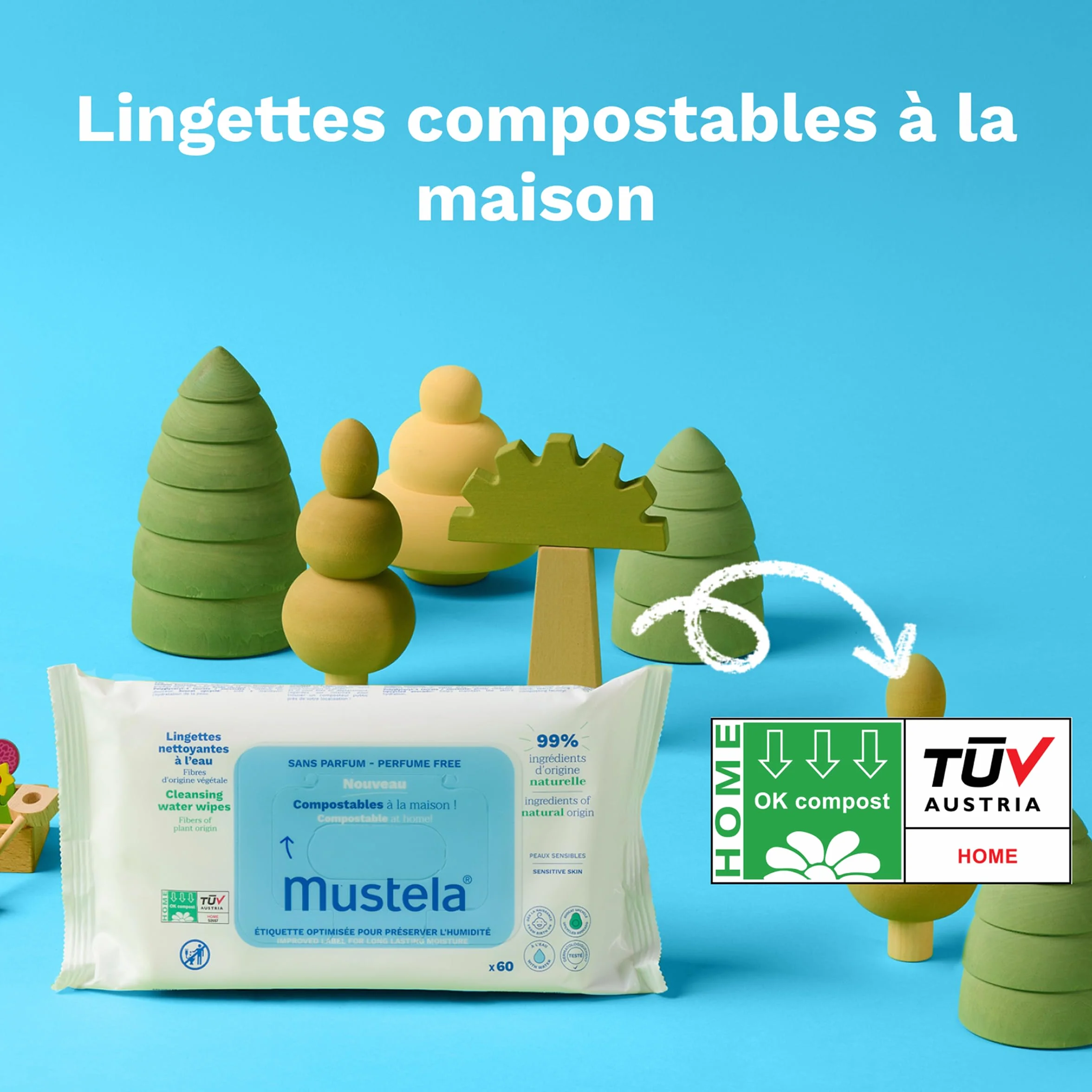 Mustela Lingettes Nettoyantes à l'Eau Compostables Bébé Visage Mains Siège 99% Ingrédients Naturelles Sans Parfum