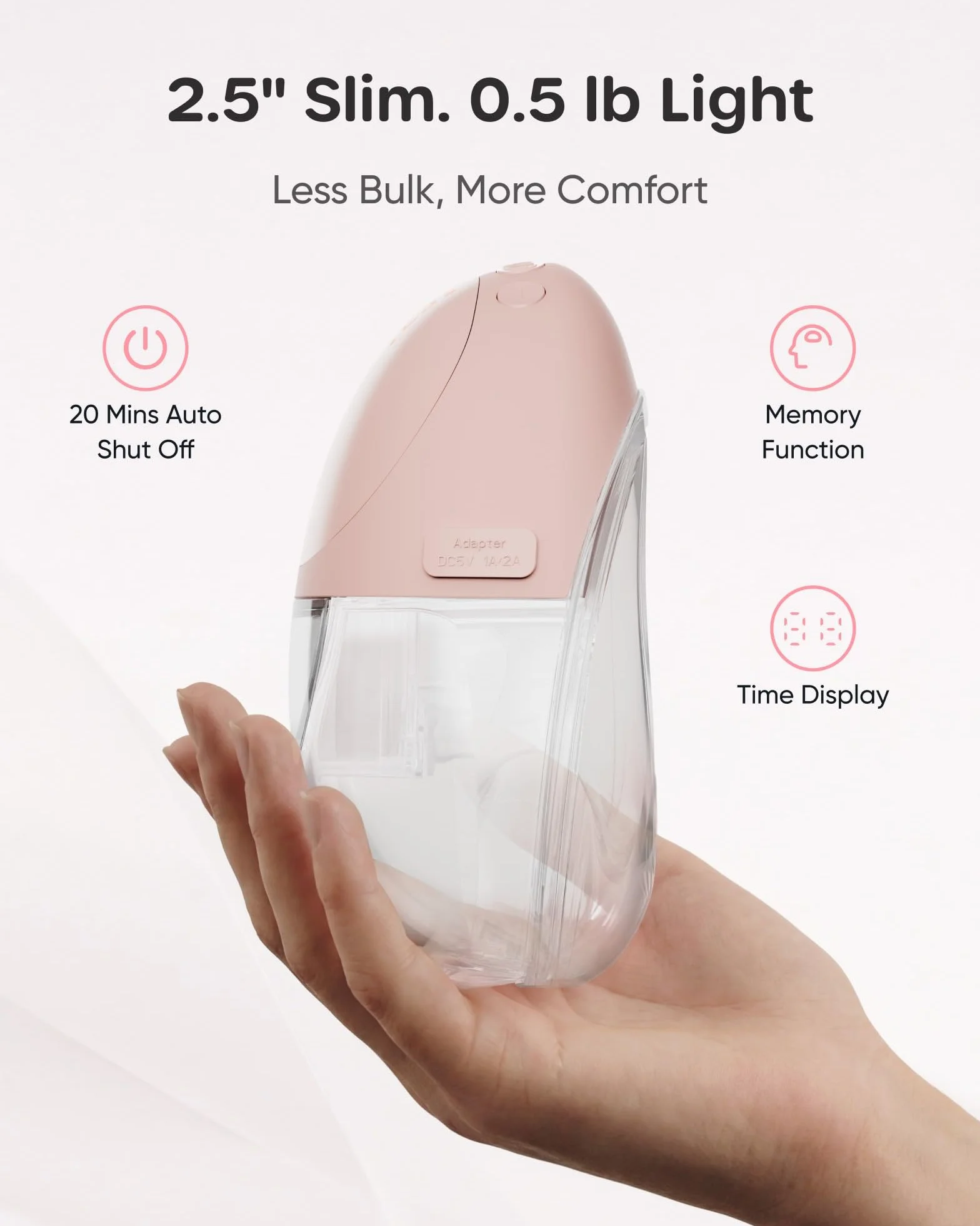 Nuliie JoyFlow Air Tire-lait électrique portable mains libres, 3 modes 12 niveaux, silencieux sans BPA, bride 27 mm, embouts 15/18/21/24 mm, 2 Packs Rose
