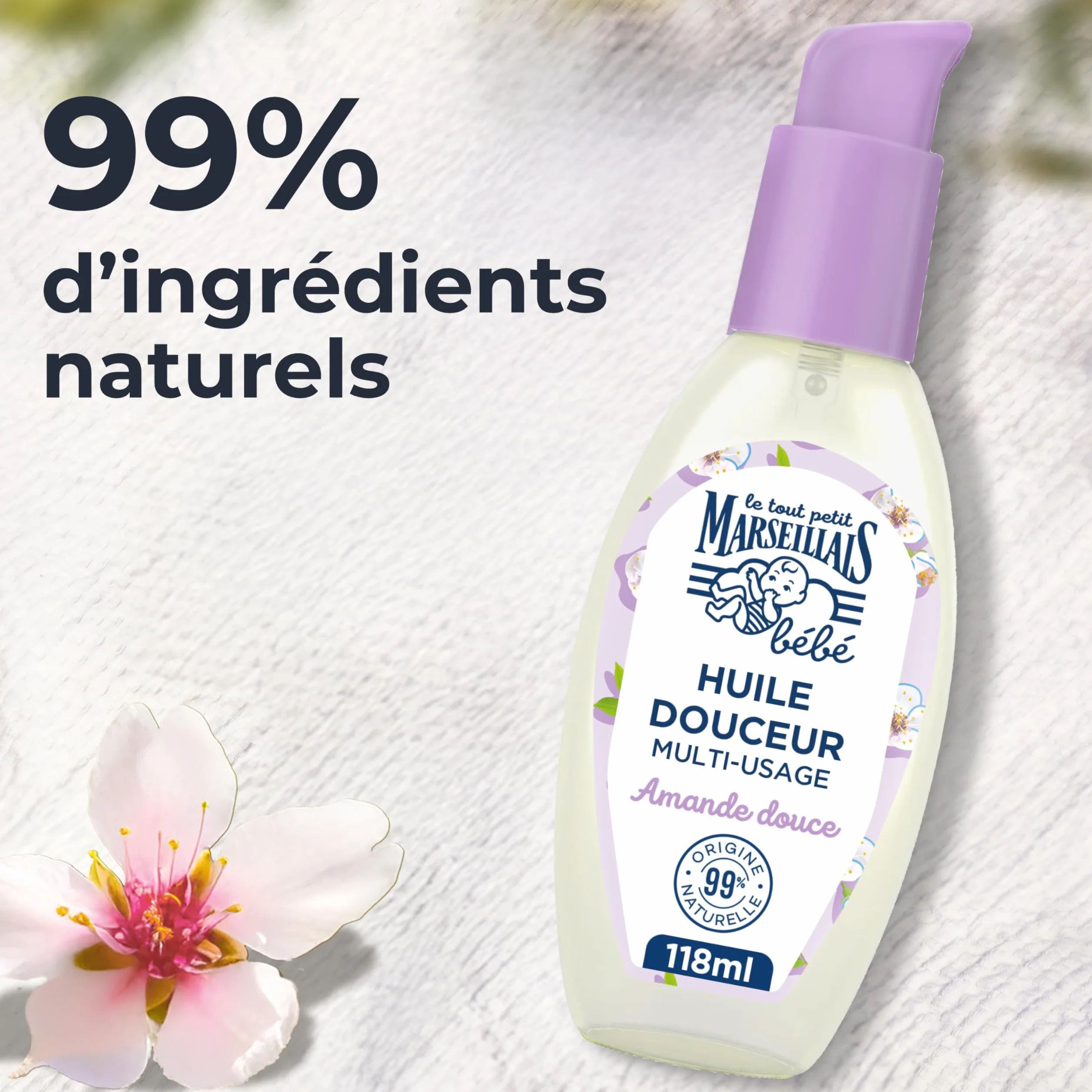 Le Petit Marseillais Bébé Huile de Douceur Amande Douce 118 mL Massage Bain Corps Cheveux Peaux Sensibles