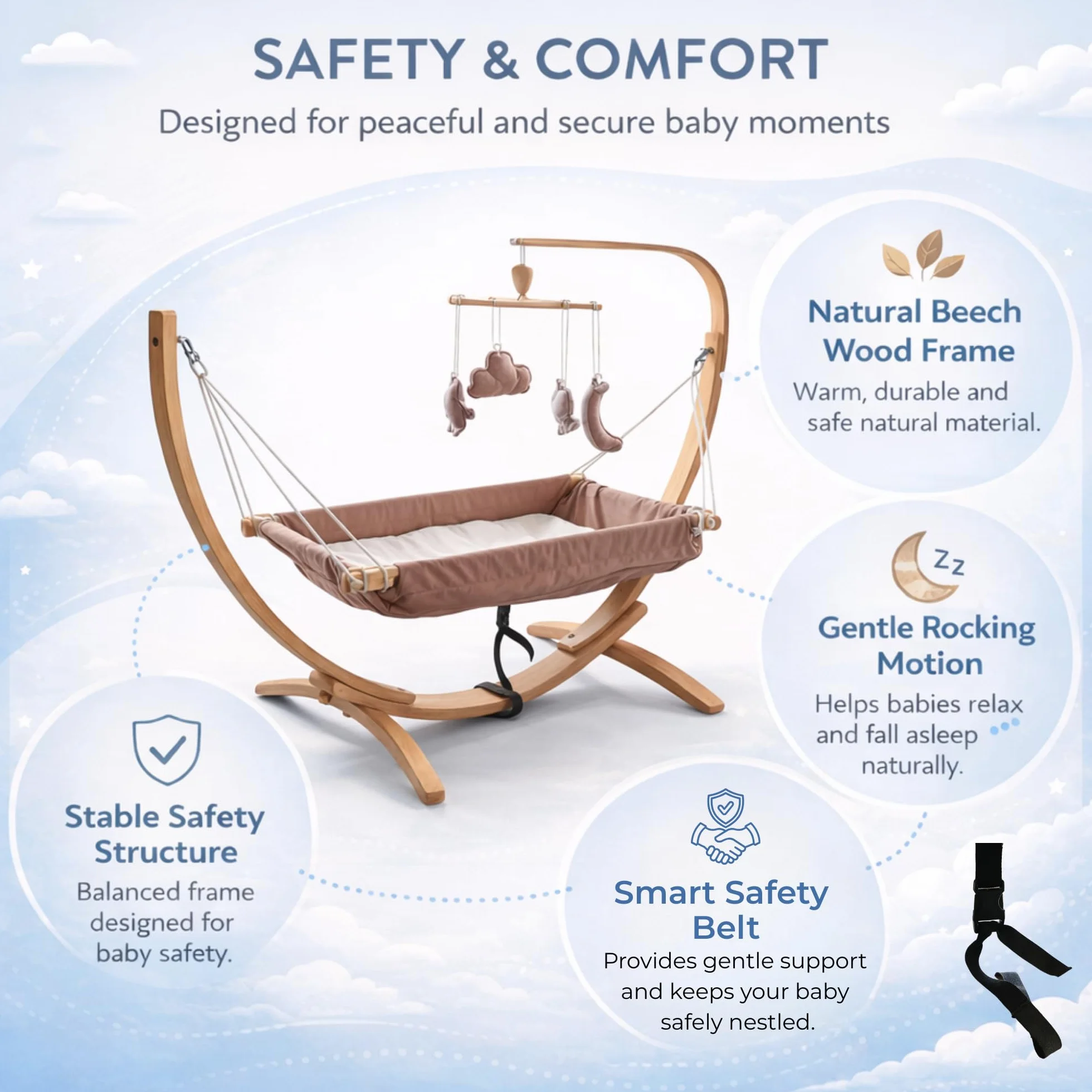 Hamac pour enfant en bois 66×150 cm chaise longue ergonomique 3–5 ans beige