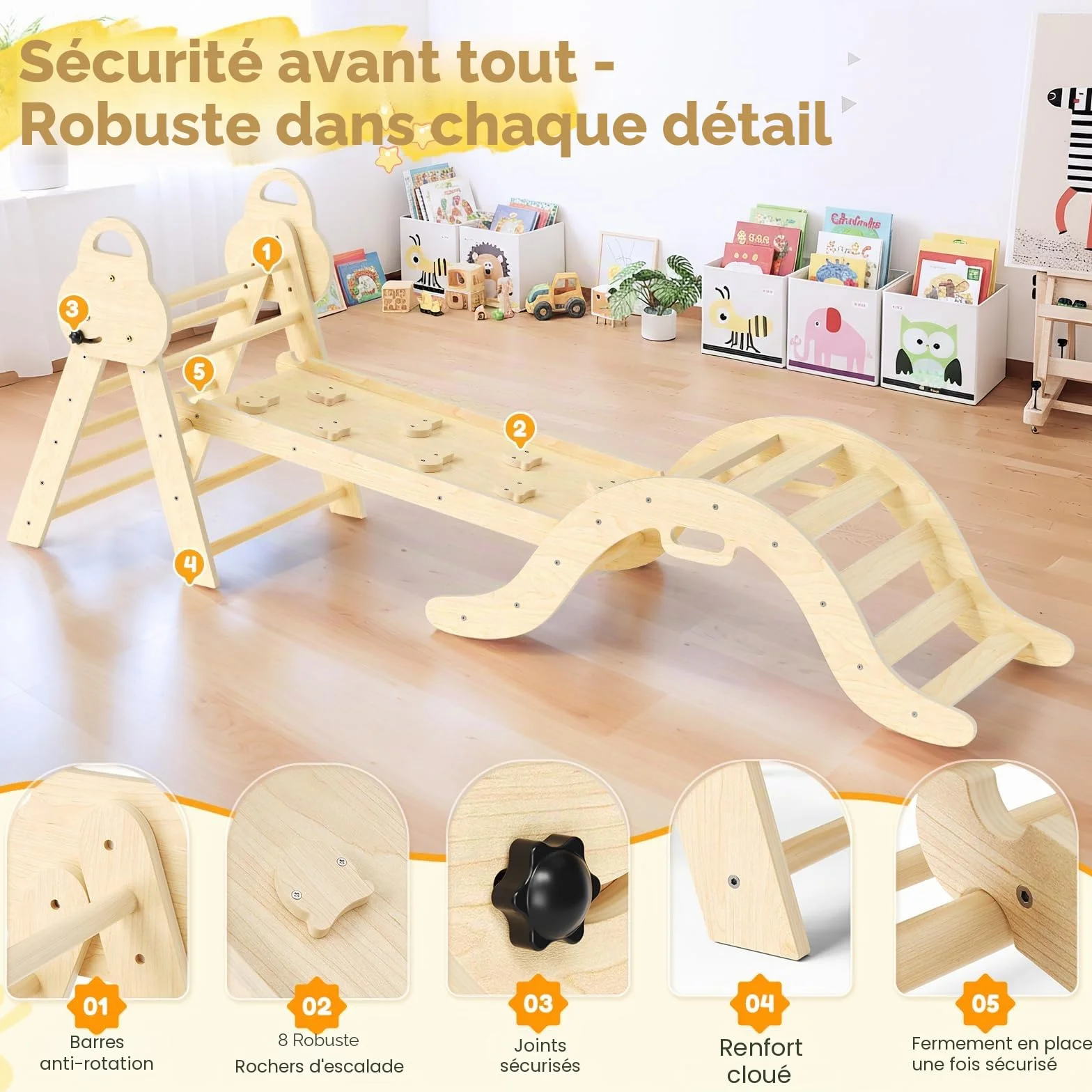 Kit de portique d'escalade Montessori 7 en 1 triangle d'escalade d'intérieur arche avec coussin et toboggan jouet en bois pour 1 à 5 ans