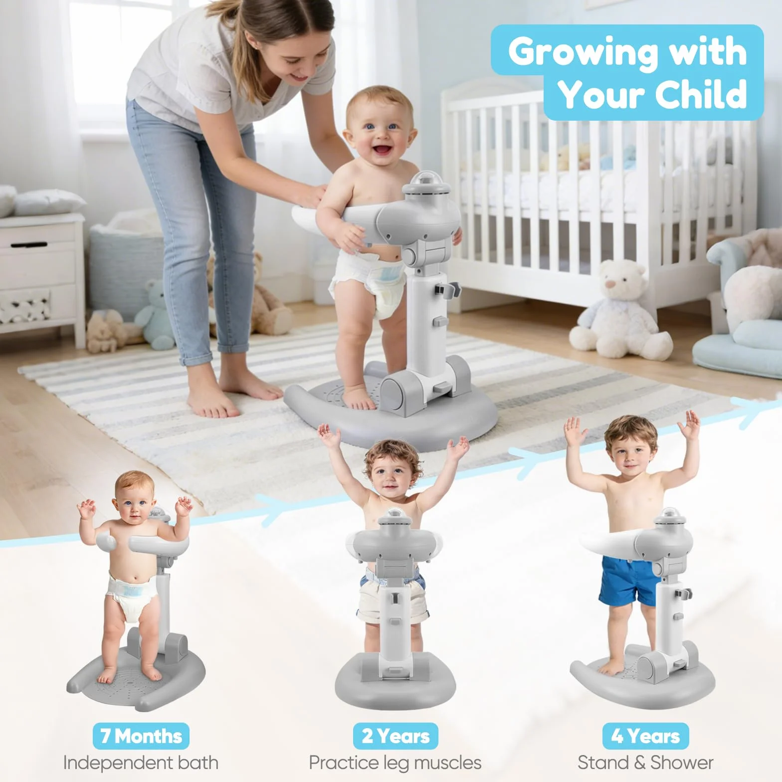 Support de douche réglable pour enfants 2 en 1 pliable avec tabouret