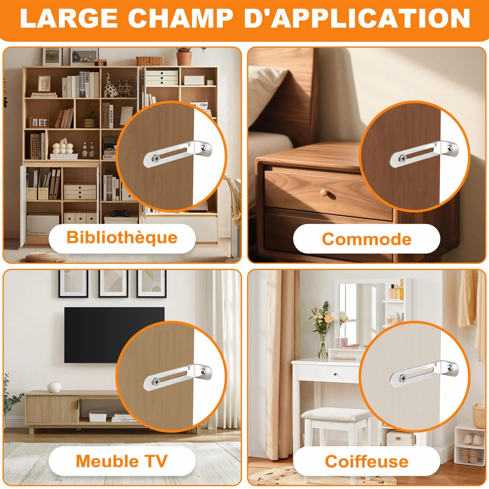 Kit Anti-Basculement Meuble, 12 Ancrages de Sécurité pour Armoires, Penderies, Argent